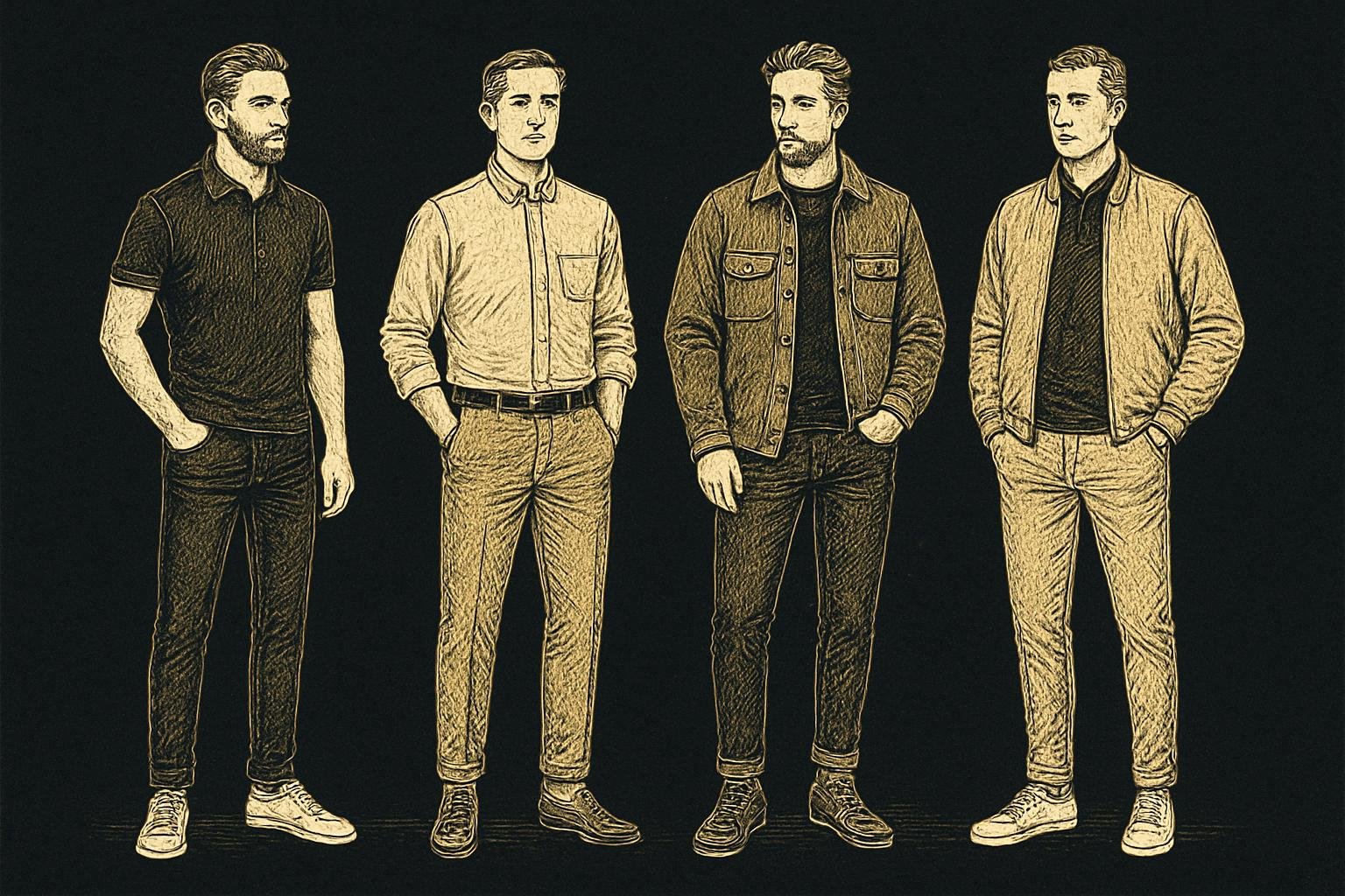 four etched gentleman figures showing date-ready outfits: 1) dark jeans, knit polo, clean sneakers; 2) tapered chinos, oxford shirt, suede loafers; 3) wool overshirt over tee, dark denim, leather boots; 4) lightweight bomber, pique polo, minimalist trainers
