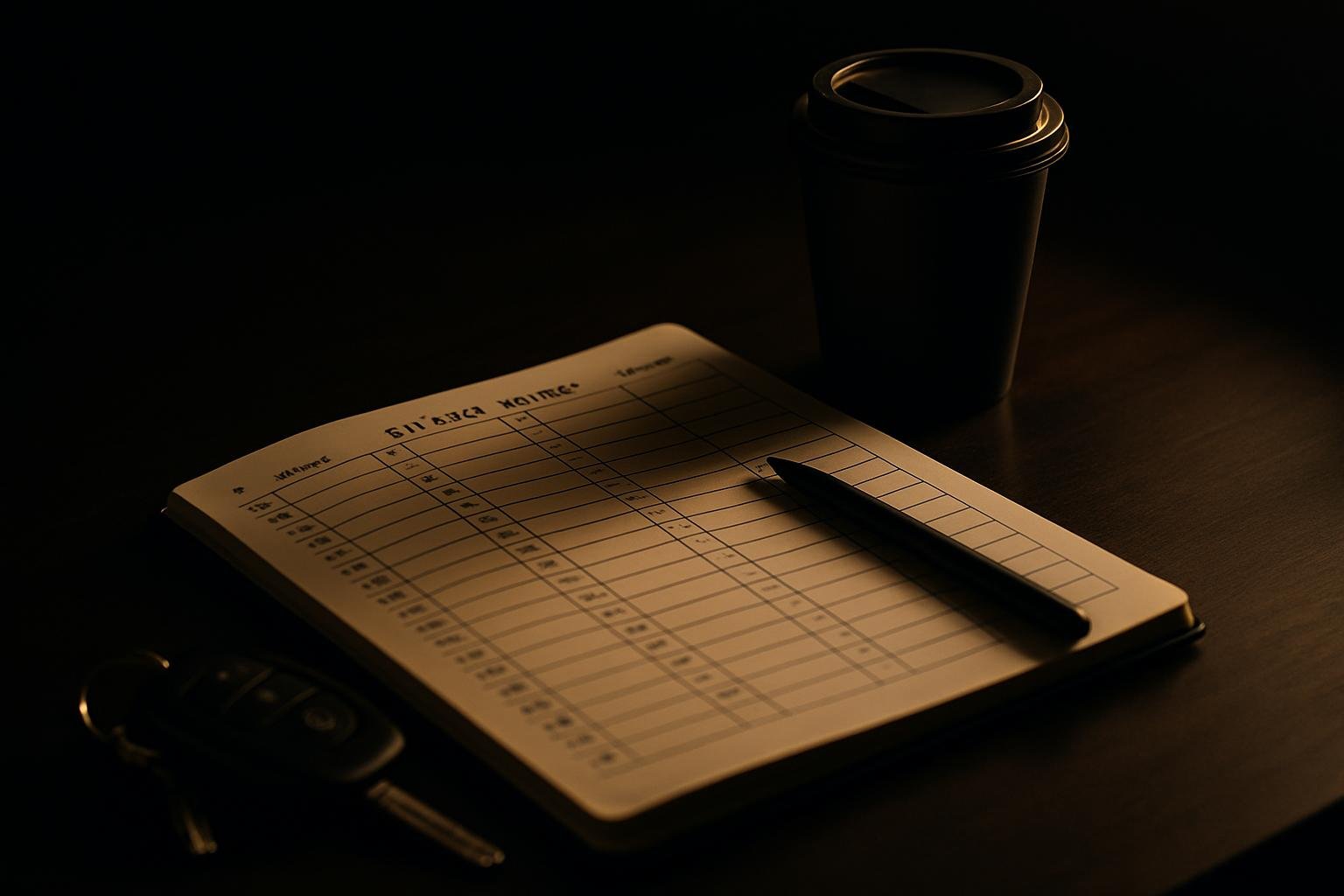 a tidy tabletop scene: a paper weekly planner open with time blocks, a pen, car keys, and a to-go coffee cup under soft morning window light