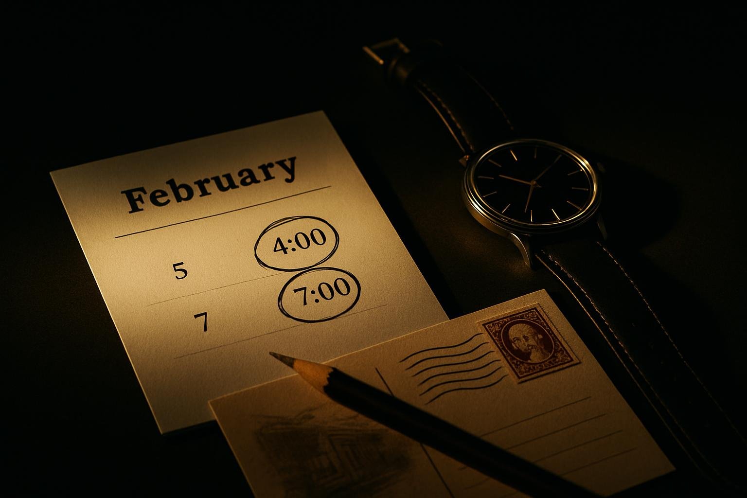 a small desk vignette: paper calendar page with two time slots circled, a simple analog watch, a stamped postcard, and a pencil in late-afternoon light