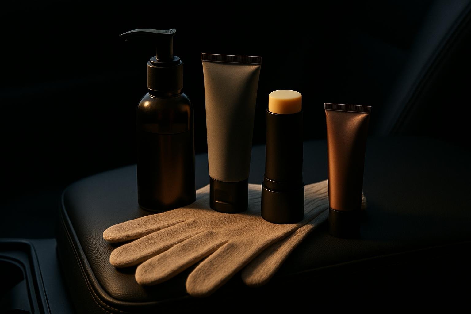 a neat still-life on a truck center console: a small pump bottle, a travel-size lotion tube, a solid balm stick, a tube of SPF, and cotton gloves under cool daylight