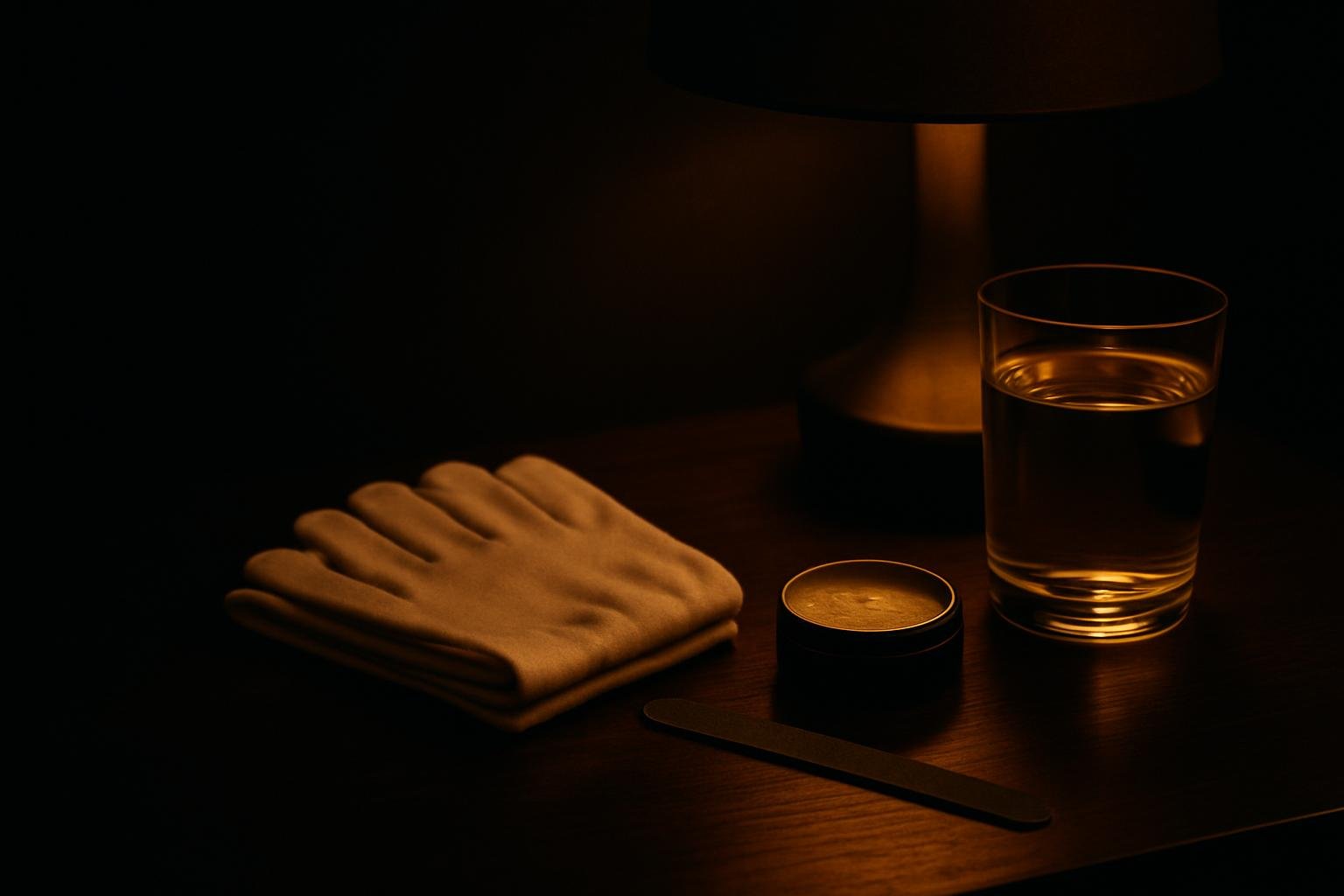 a nightstand scene: cotton gloves folded beside a small tin of ointment, a fine nail file, and a glass of water under warm lamplight