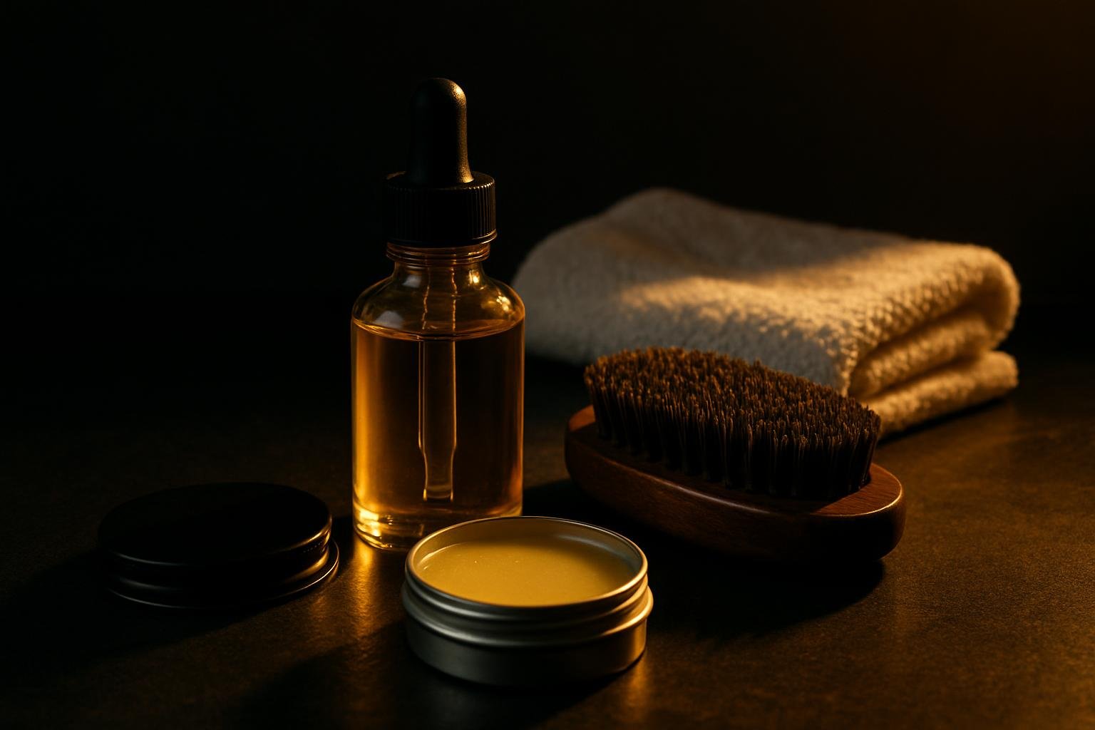 A bathroom counter with a clear glass dropper bottle of light oil, an open tin of pale balm, a wooden beard brush, and a white hand towel in soft morning light.