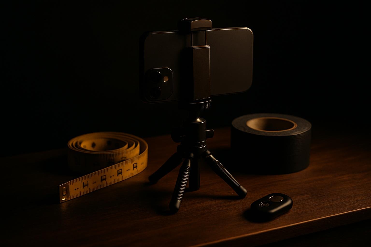 a phone on a small tripod with a clamp, a measuring tape, a roll of gaffer tape, and a Bluetooth remote arranged on a wooden console under soft window light