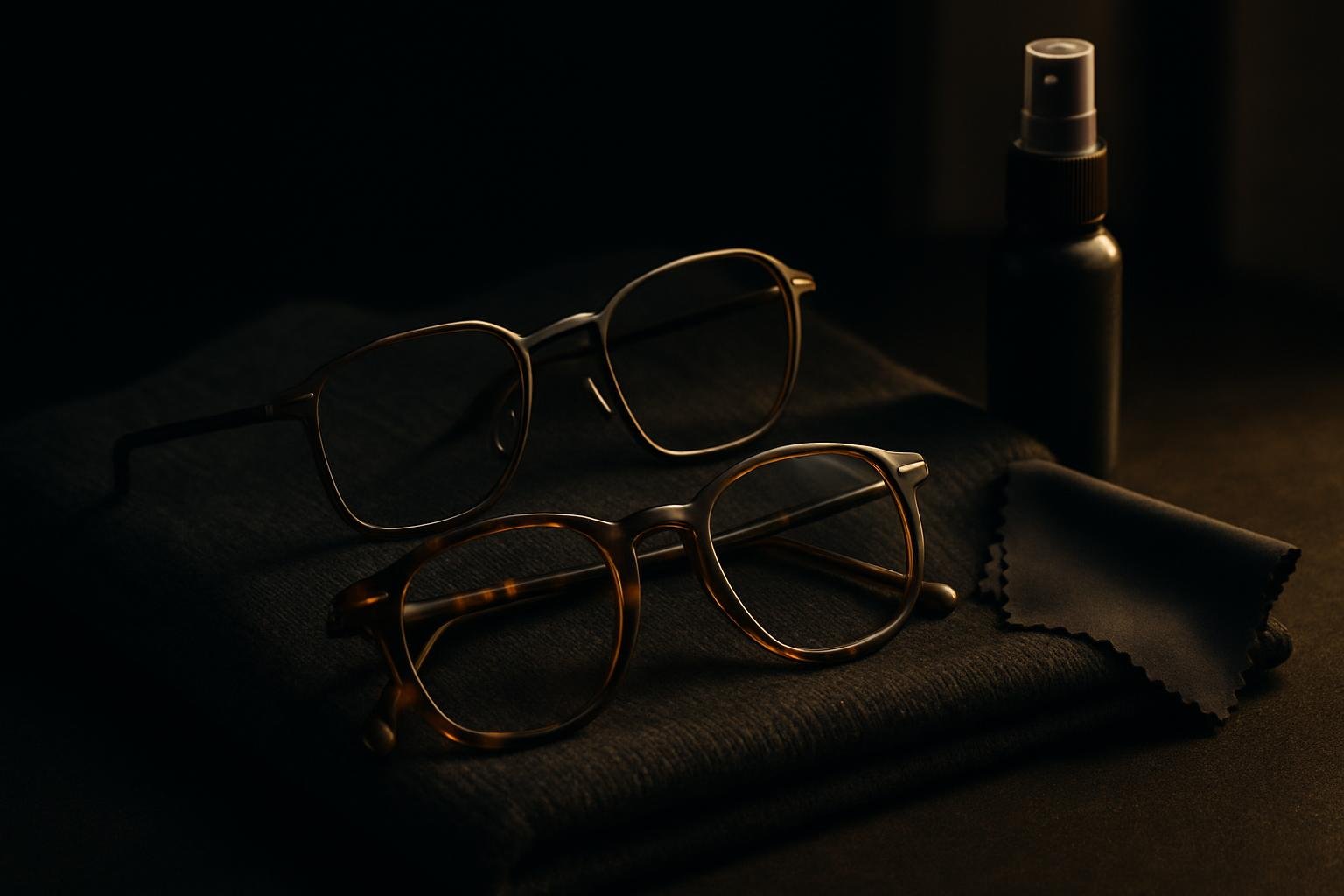 two pairs of eyeglass frames, one matte tortoise acetate and one brushed gunmetal wire, resting on a folded charcoal knit with a microfiber cloth and lens spray nearby under soft window light