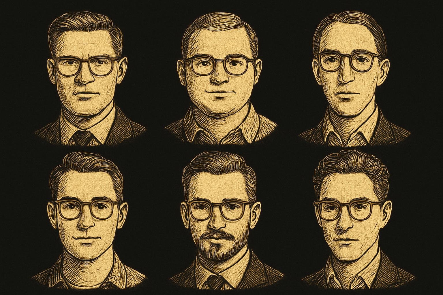 six etched gentleman head-and-shoulders illustrations labelled by facial outline: square with strong jaw; round with soft jaw; oblong with longer face; oval balanced; heart with wider forehead; diamond with pronounced cheekbones; each wearing a recommended frame shape to match