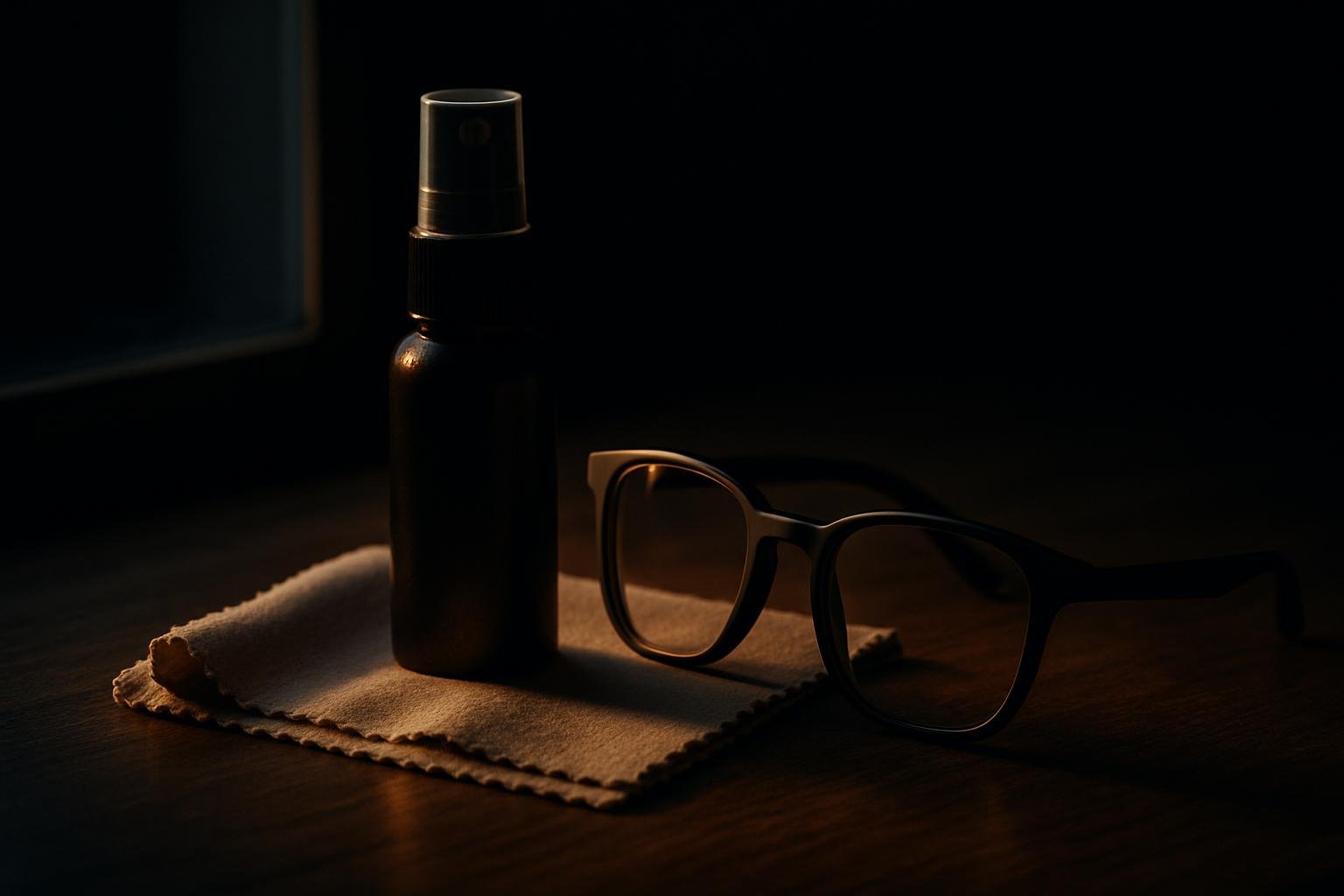 a microfiber cloth, lens cleaning spray, and a pair of matte-finish glasses arranged on a wooden tabletop near a window with soft side light