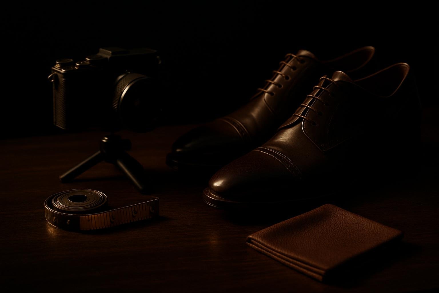 a compact mirrorless camera on a small tripod beside a tape measure, a pair of dress shoes angled 30 degrees, and a pocket square on a wooden table under soft window light