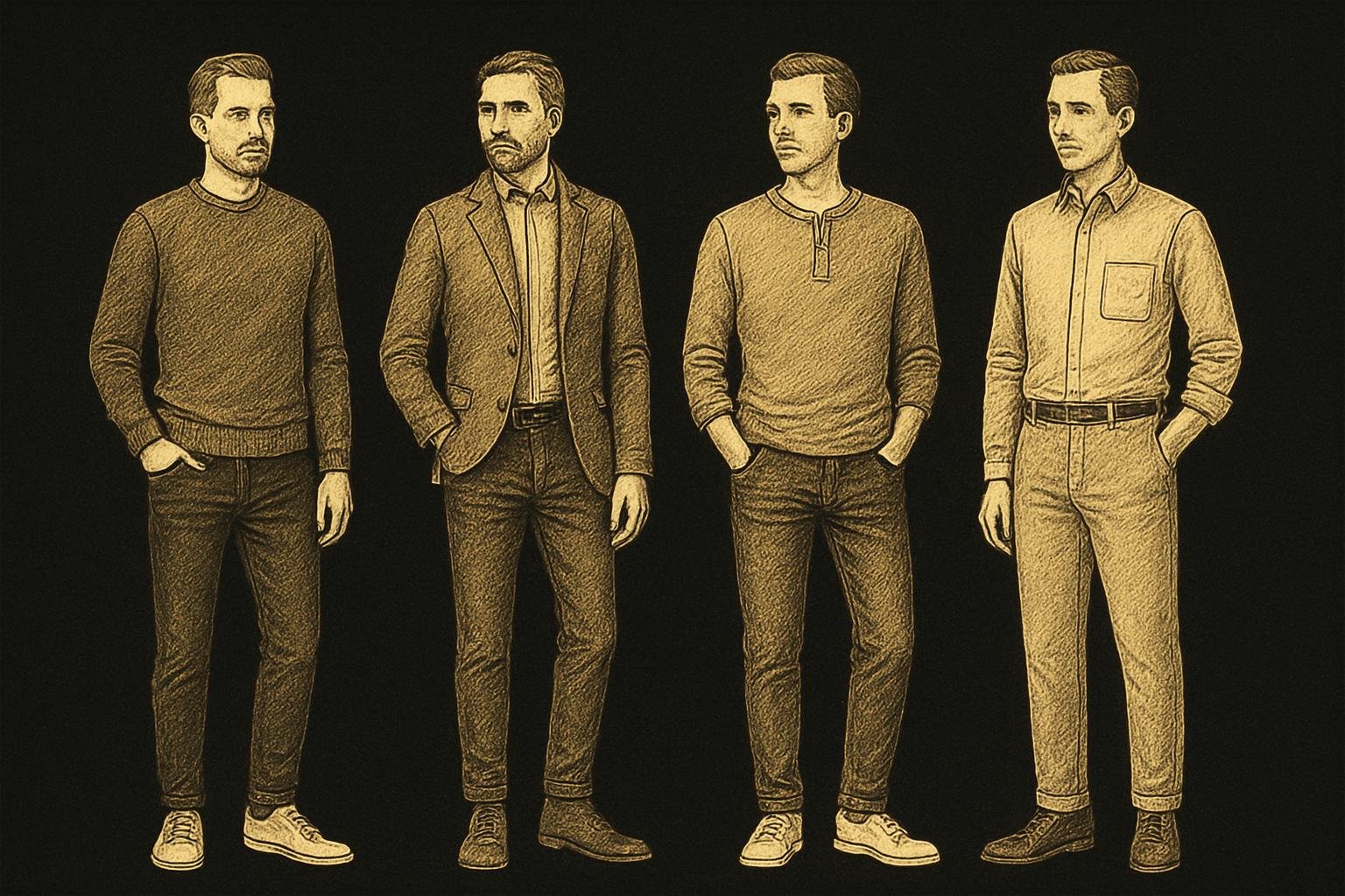 four etched gentleman figures showing: 1) smart-casual knit with dark jeans and clean sneakers, 2) sport coat over knit with trousers and suede boots, 3) relaxed henley with jeans and minimalist trainers, 4) simple button-down with chinos and loafers; neutral tones and tidy grooming