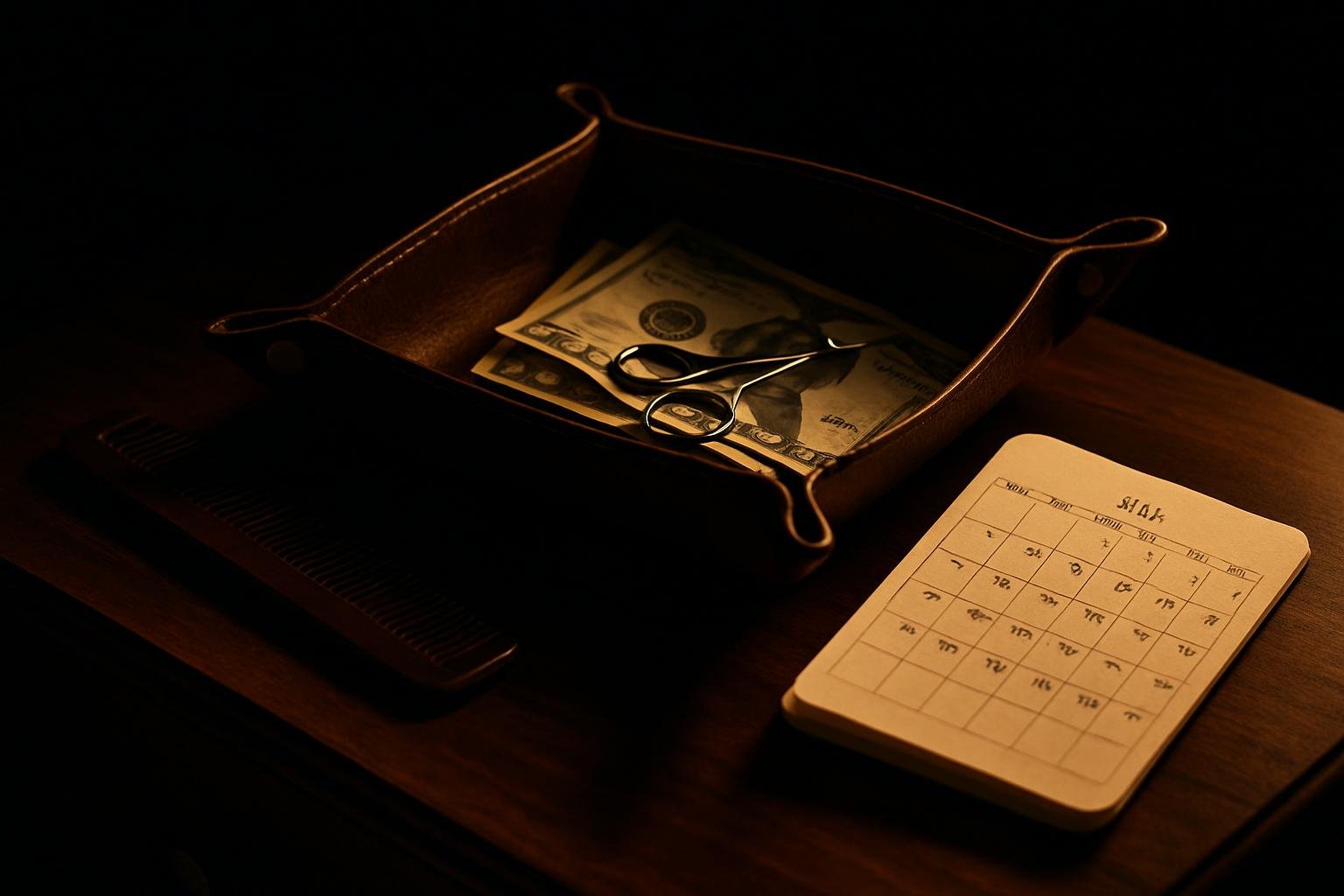 a leather valet tray with a pocket calendar opened to next month, a comb, small scissors, and cash set on a wood dresser in warm afternoon light