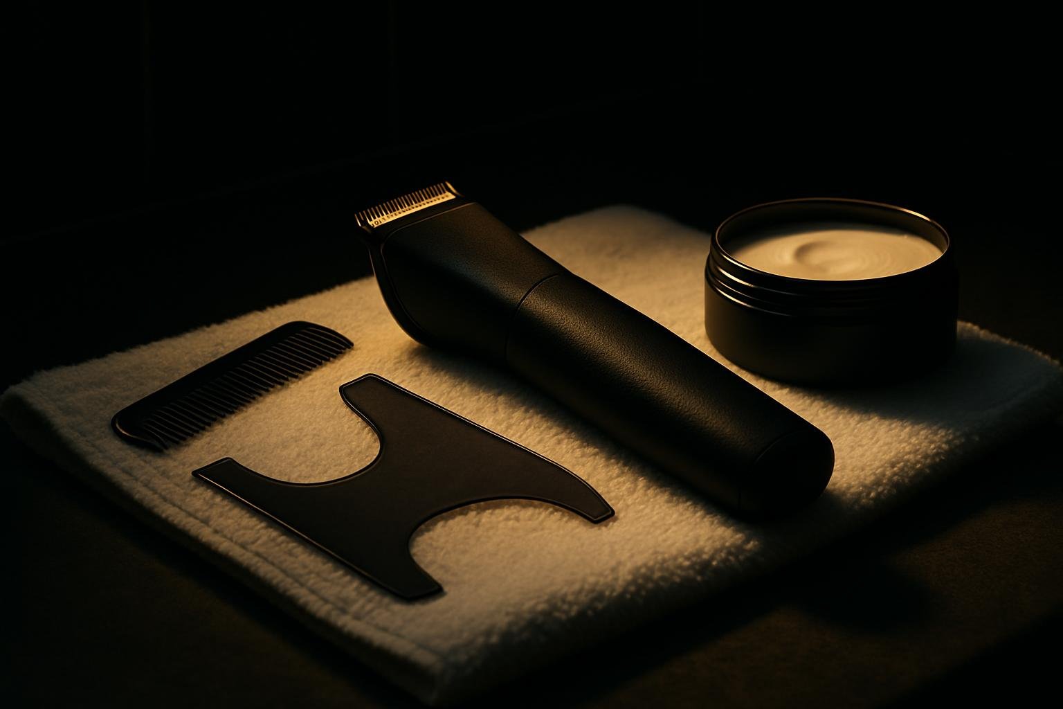 a matte black trimmer, a small barber comb, neckline template, and a tin of matte paste laid on a white towel on a bathroom counter in cool morning light