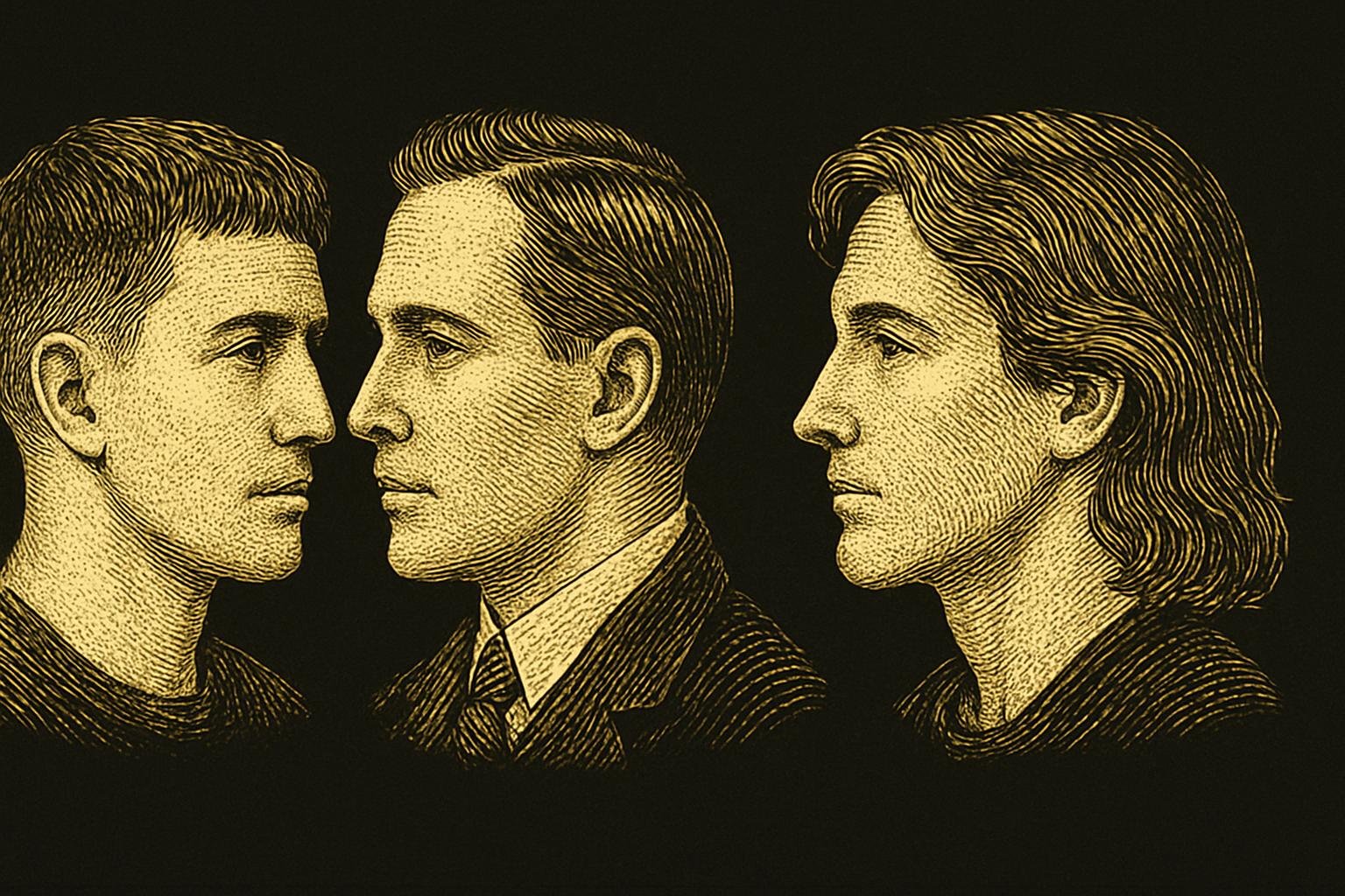 four etched gentleman profiles showing styles: a short textured crop with soft taper, a classic tapered side part with 3 inches on top, a medium wavy layer resting at the temple, and a longer layered cut with a natural neckline