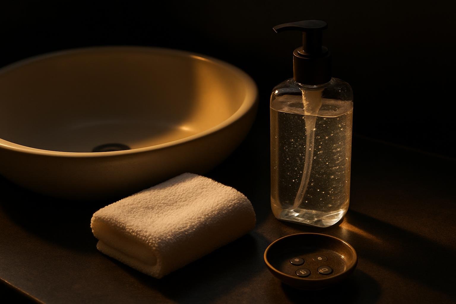 a ceramic sink with a pump bottle of clear gel cleanser, a folded white face towel, and a small dish of water drops under soft morning window light