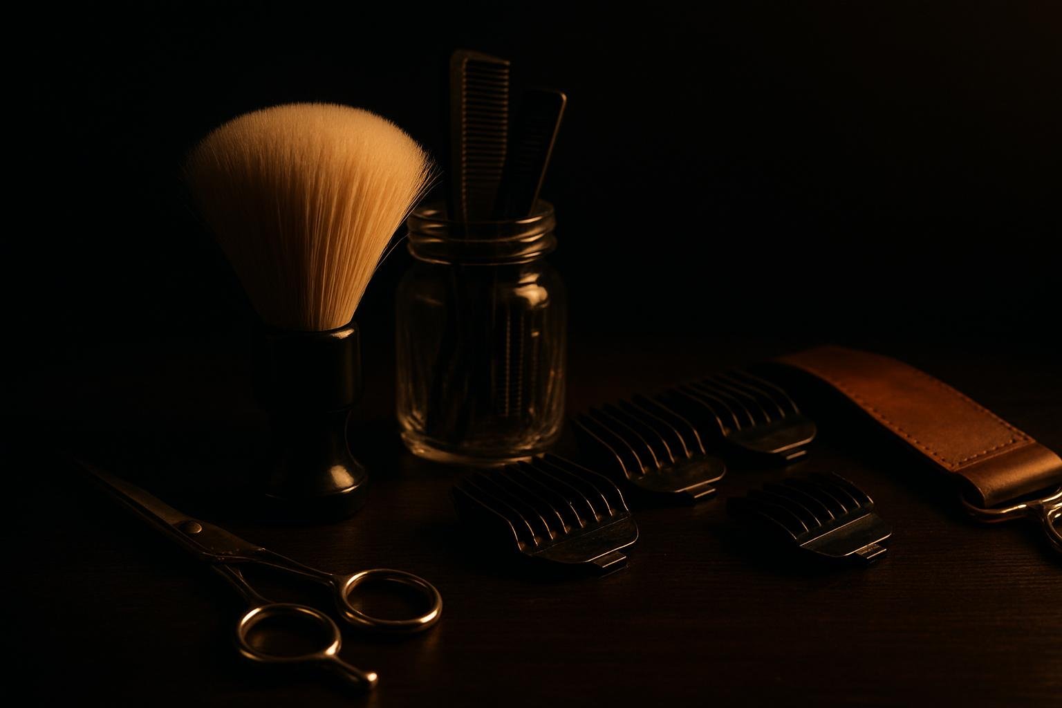 a classic barber station: chrome scissors, a neck duster, a glass jar of combs, and clipper guards lined up beside a leather strop under warm tungsten bulbs