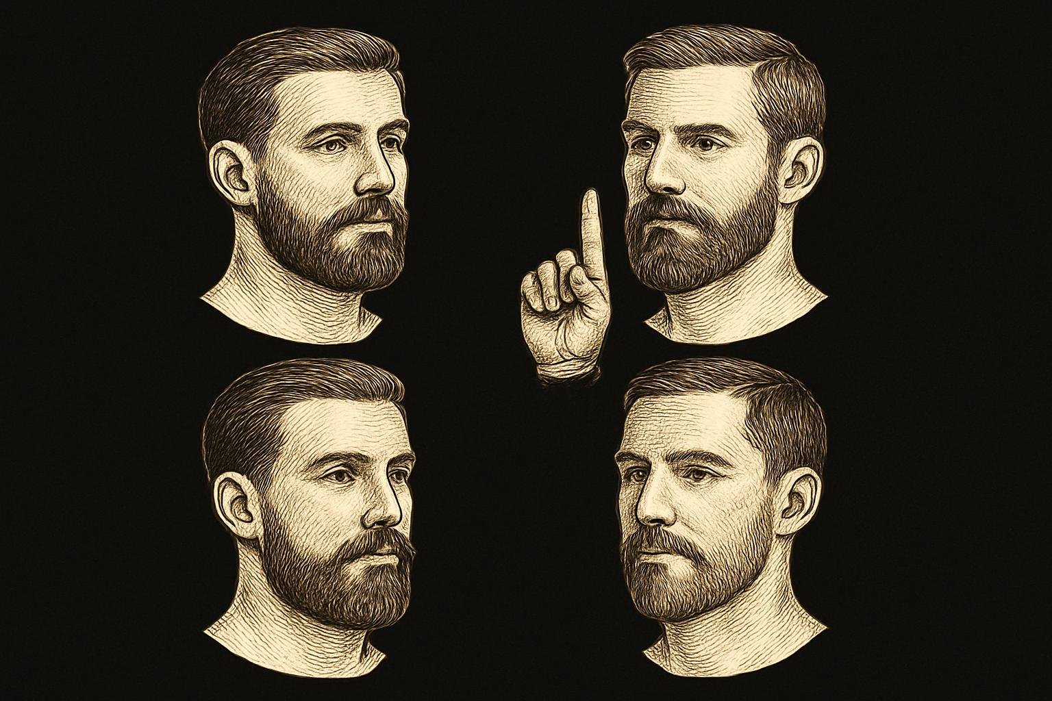 four etched gentleman busts showing neckline and cheekline shapes: a soft U-shaped neckline at two-finger height; a lower neckline mistake with note to avoid jawbone; a natural cheek arc from sideburn to mustache corner; a lowered cheekline for sparse cheeks