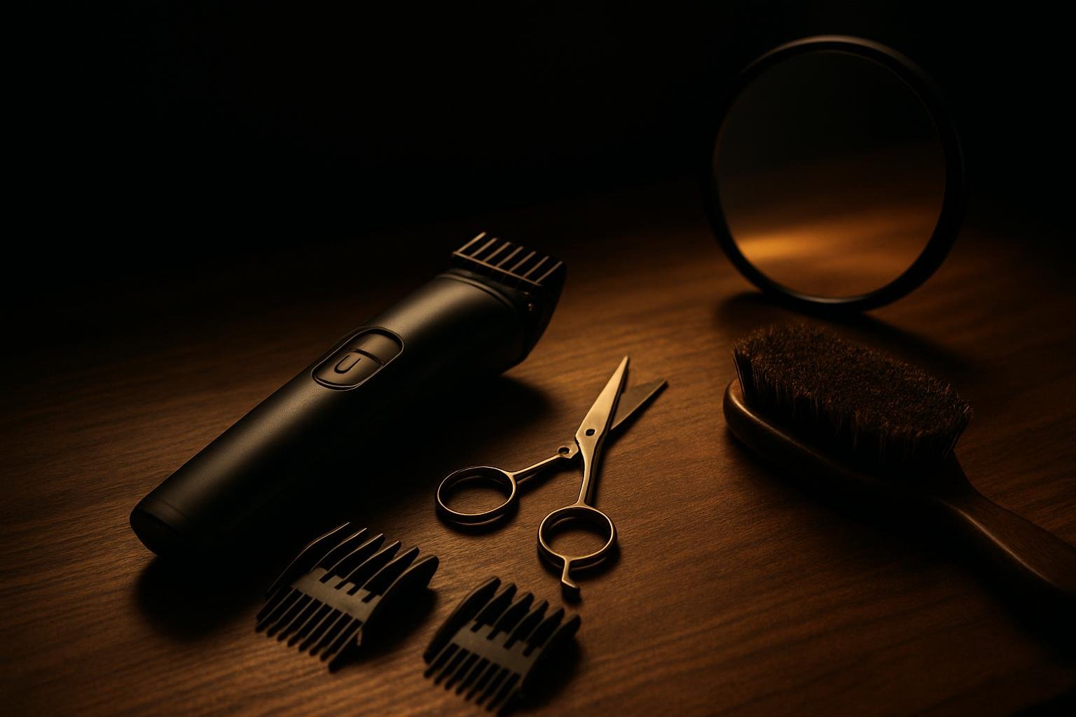 a matte black beard trimmer with clip-on guards, small barber scissors, a boar-bristle brush, and a hand mirror arranged on a walnut counter under soft morning window light