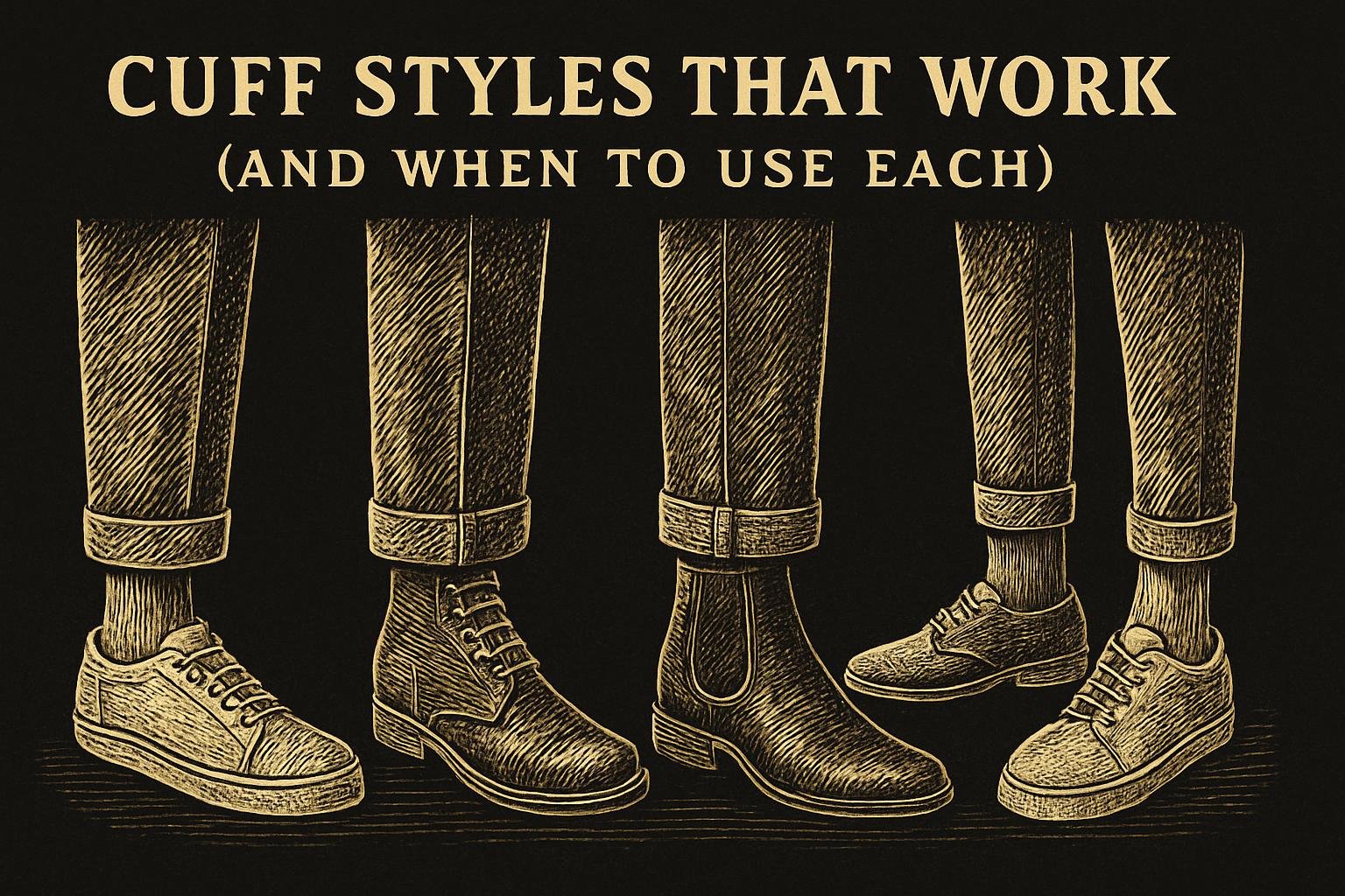 four etched gentleman lower-leg illustrations showing: a single 1-inch cuff with sneakers, a double 1.5-inch cuff with casual boots, a deep 2-inch cuff on heavy denim with Chelseas, and a pinroll narrowing the opening with minimalist sneakers.