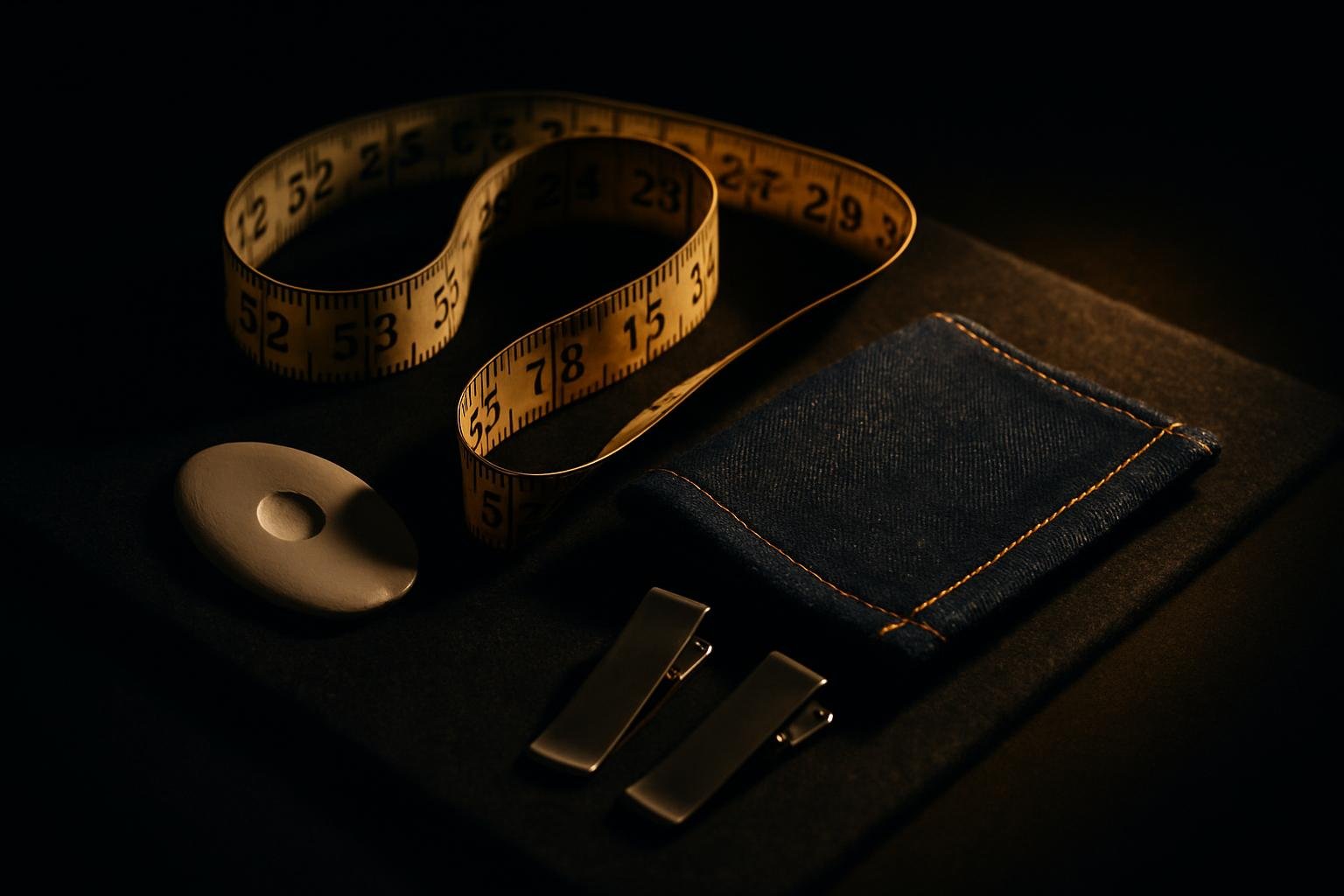 a measuring tape, tailor’s chalk, heavy denim swatch, and a pair of metal fabric clips arranged on a dark felt mat under cool overhead light