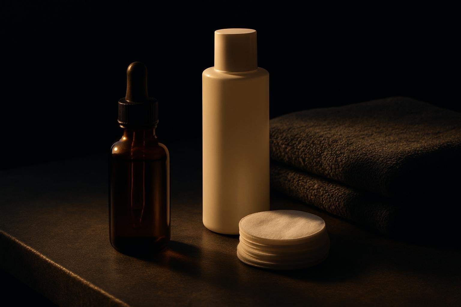 a bathroom counter with amber glass dropper bottle, white toner bottle, cotton pads, and a folded clean towel on matte stone under cool morning window light