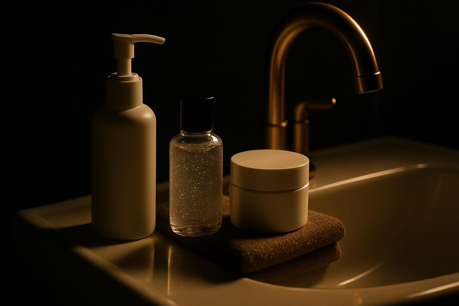 a clean sink scene with a white pump cleanser, a small clear gel bottle, a plain moisturizer jar, and a soft cotton towel under warm diffused evening light