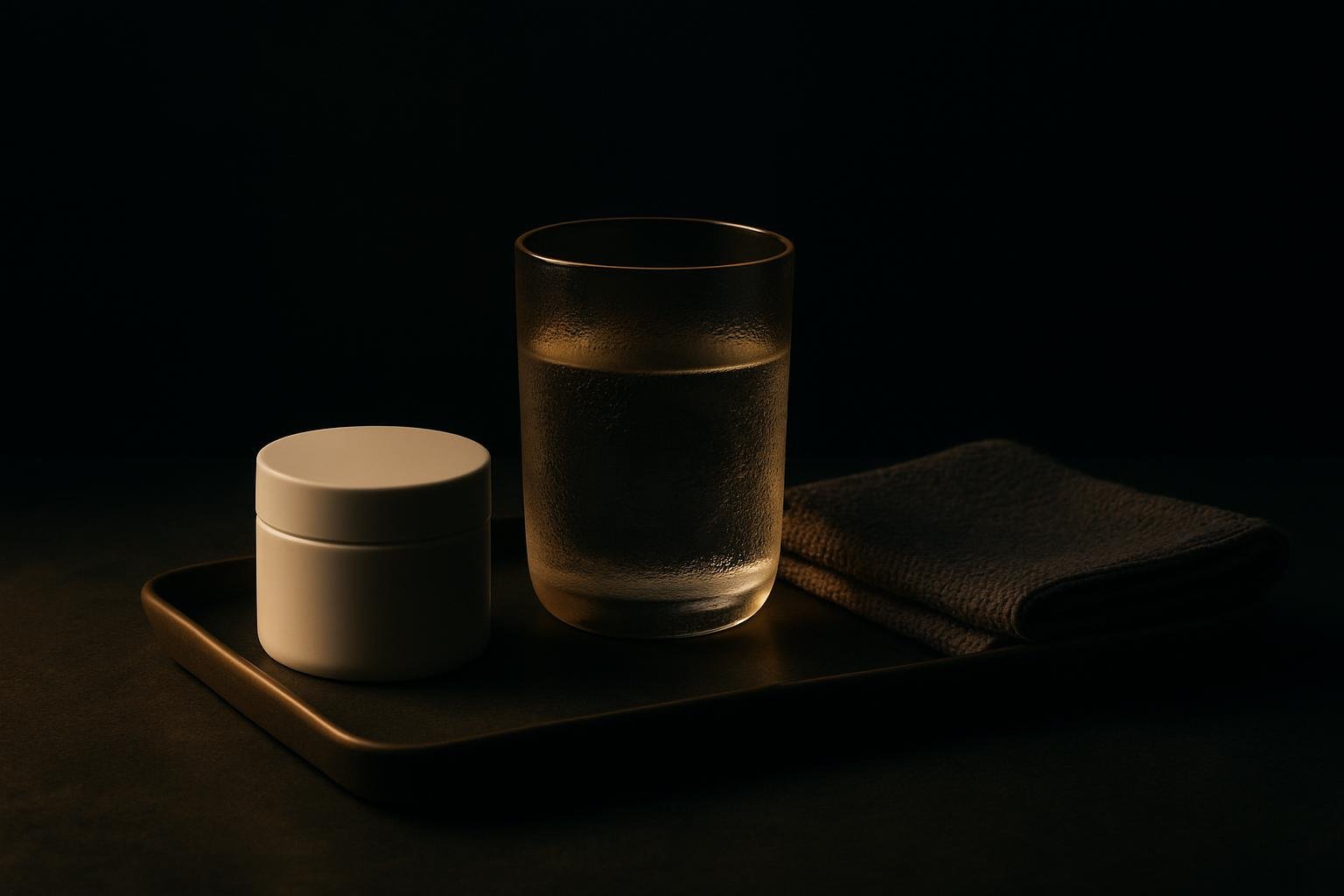 a minimalist vanity with a small tray holding a plain moisturizer jar, a cool glass of water with condensation, and a folded grey washcloth under soft overcast light