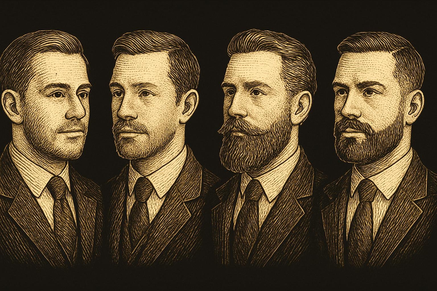 four etched gentleman busts showing beard silhouettes: uniform short (10 mm), tapered short with lighter cheeks, controlled medium with longer chin point, and a boxed beard with defined vertical lines and a flat jaw shelf