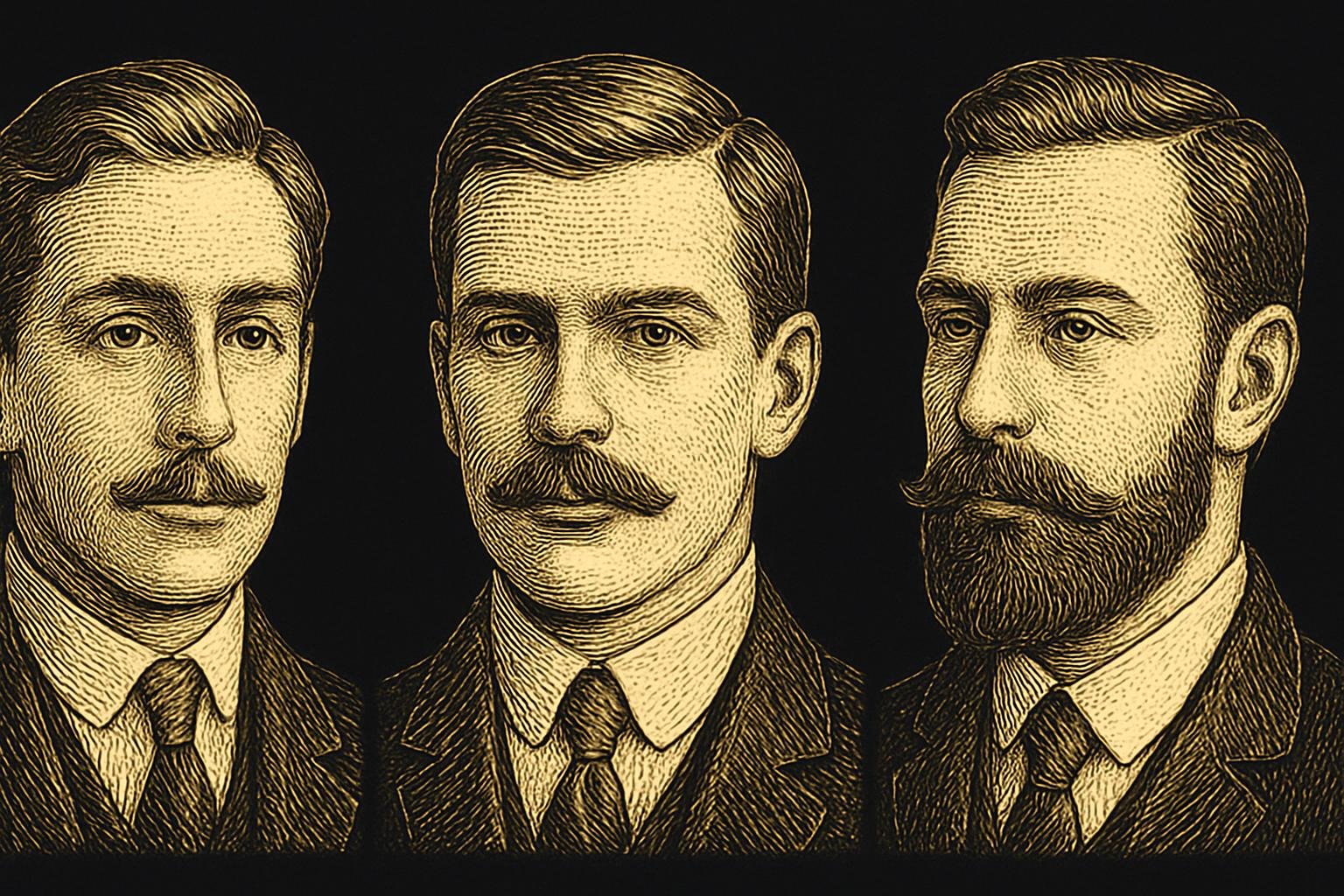 three etched gentleman close‑ups showing mustache finishes: natural off‑the‑lip, short chevron with soft corners, and a corner‑tapered mustache blending into the beard