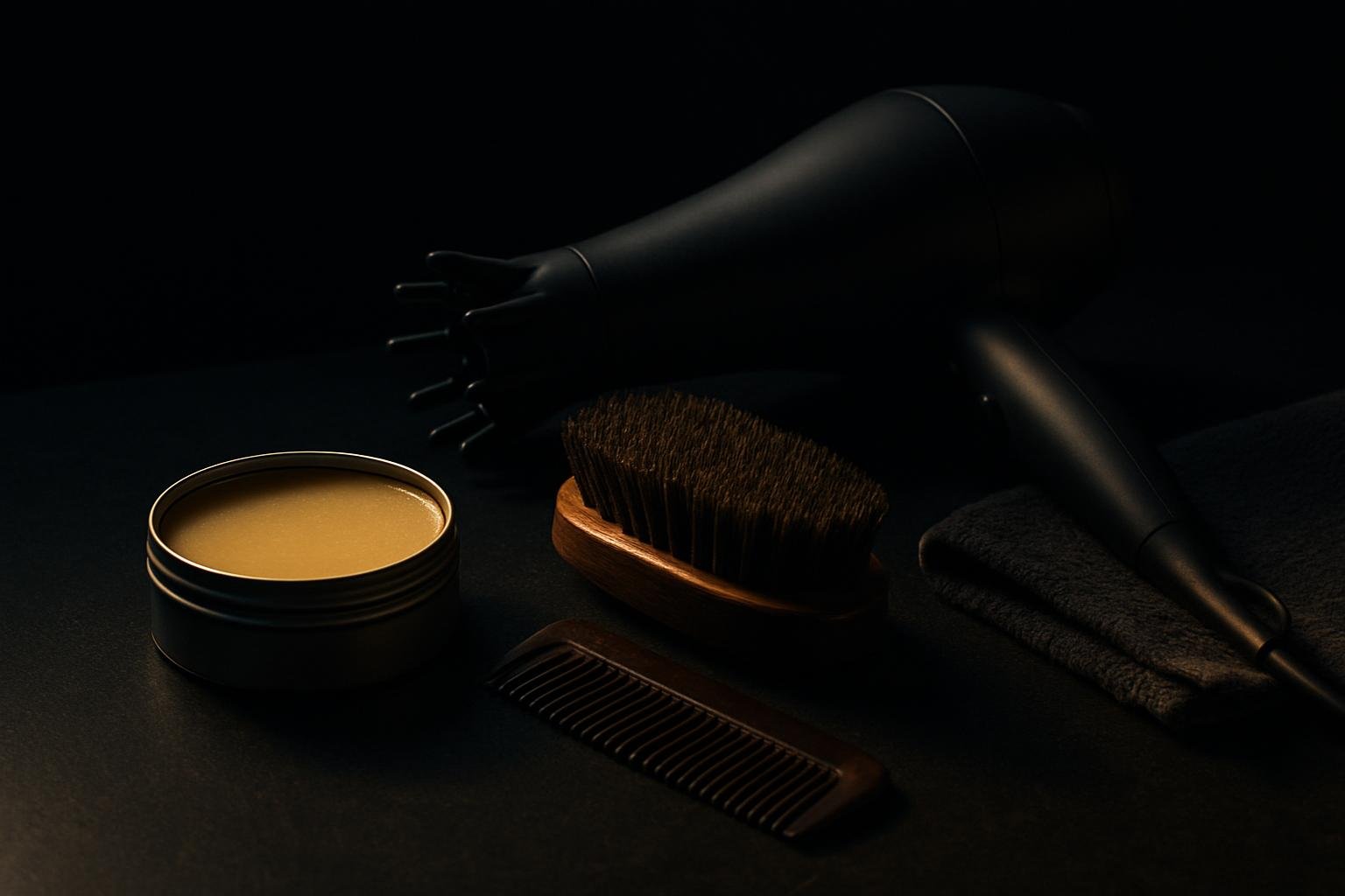 a bathroom counter scene: tin of beard balm, boar bristle brush, comb, small towel, and a matte black hair dryer with diffuser under cool morning light