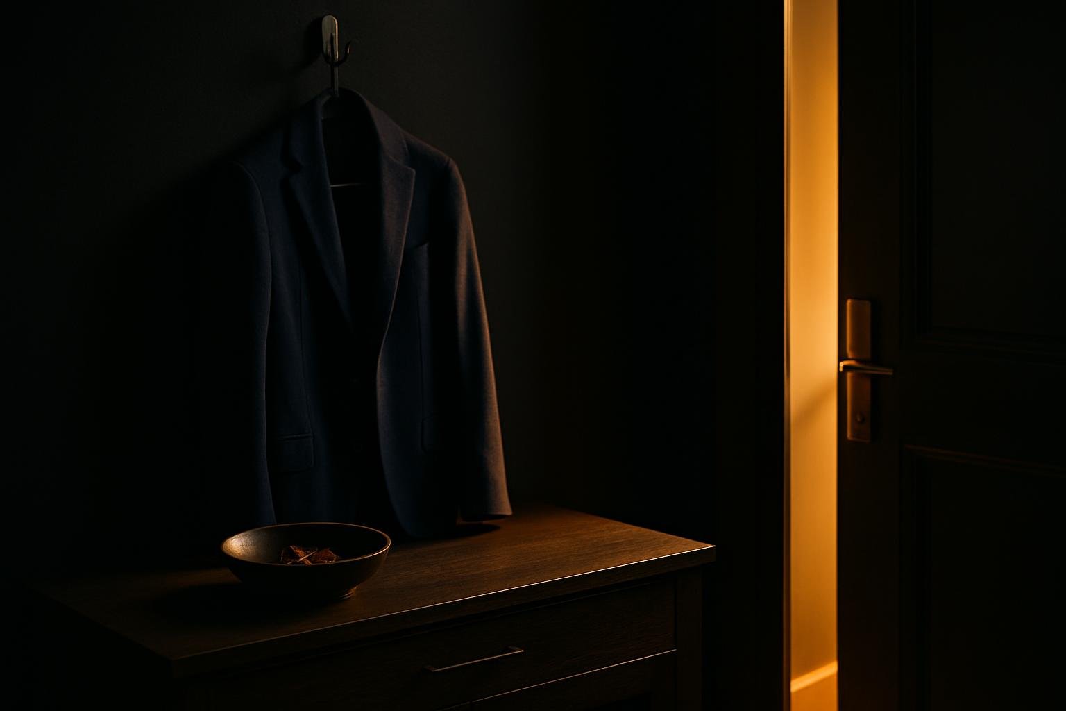 a small entryway credenza with a bowl of keys, a neatly folded navy blazer on a hook, and a door slightly ajar showing warm hallway light spilling in from the side
