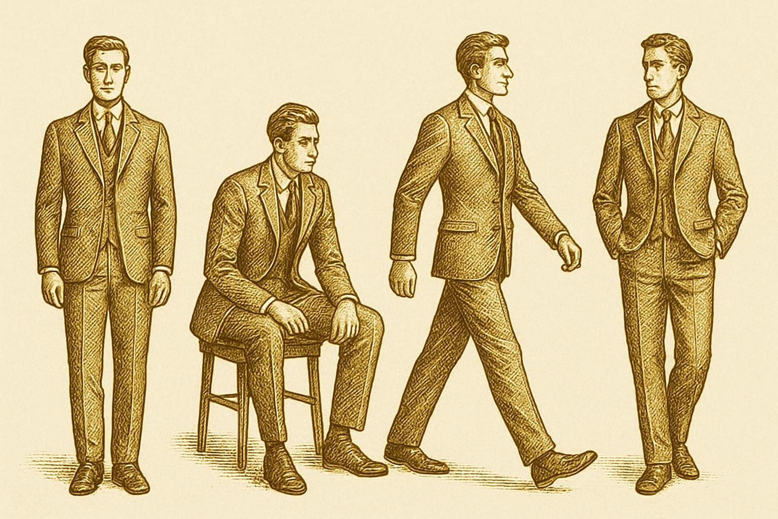 four etched gentleman figures illustrating stance: neutral stacked standing posture, seated posture with slight forward hinge, walking posture with relaxed arm swing, and a subtle weight shift. Vintage barber-chart linework on cream background.
