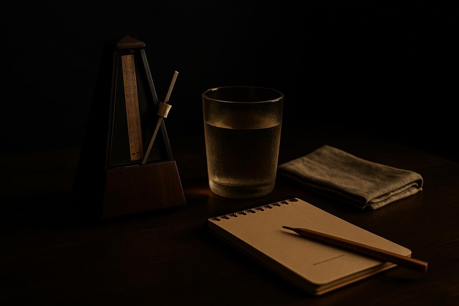 a simple tabletop still-life: a small metronome, a glass of water with condensation, a folded linen napkin, and a notepad with a single line drawn, under soft window light