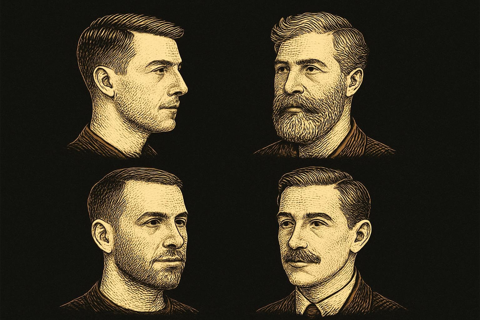 Four etched gentleman head-and-shoulder illustrations showing: 1) short taper with blended sideburn into light stubble, 2) medium scissor cut with full salt-and-pepper beard faded at the burns, 3) close-cropped beard with clean U-shaped neckline, 4) tidy mustache and natural brows.
