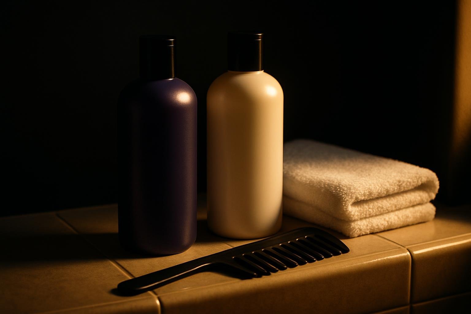 A ceramic shower ledge with a purple-toned shampoo bottle, a white conditioner bottle, a wide-tooth comb, and a folded white towel under soft morning window light.