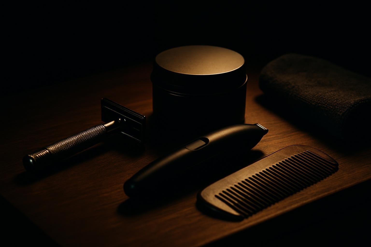 A wooden dresser top with a metal safety razor, a small trimmer, a matte hair paste tin, a beard comb, and a microfiber towel in soft afternoon light.