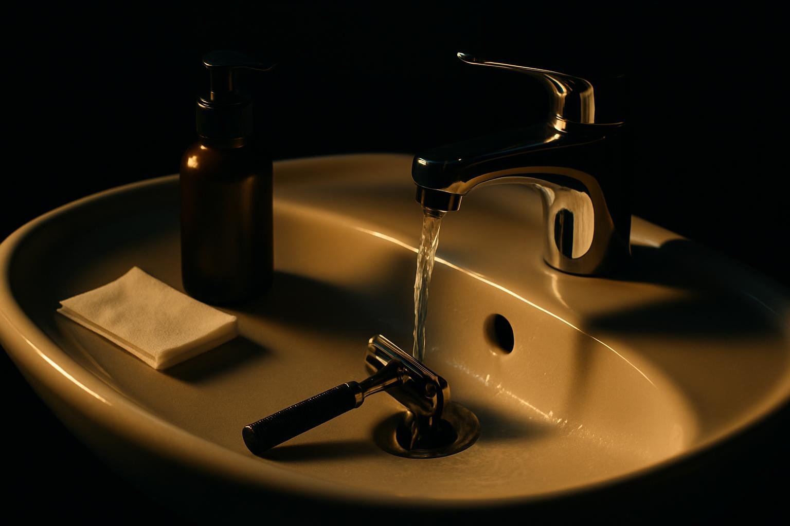 a ceramic sink with a chrome faucet running cool water over a razor, beside a small pump bottle of balm and a folded tissue, all under soft daylight