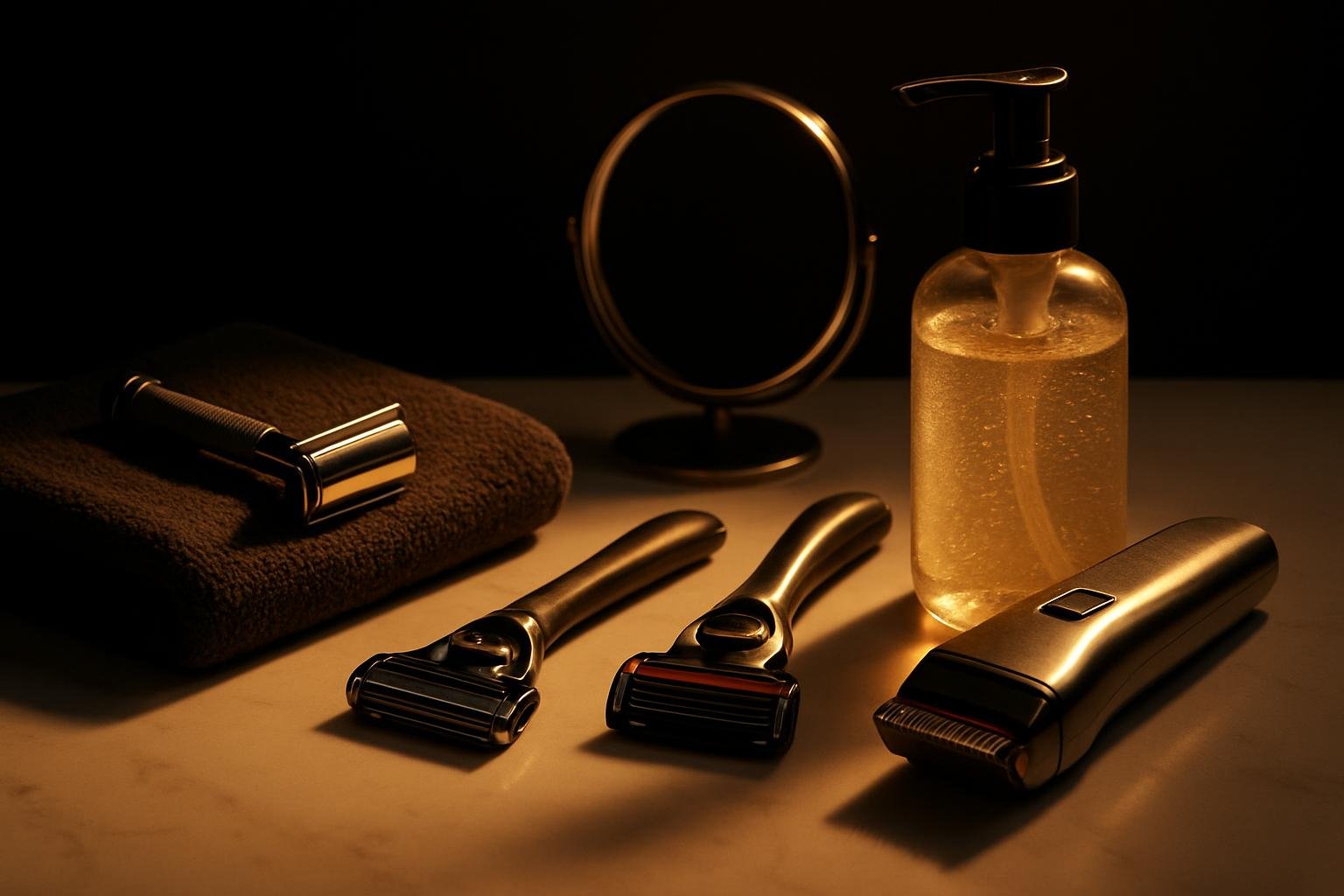 a clean bathroom counter with a safety razor, a 5-blade cartridge razor, steel clippers, a handheld mirror, a small towel, and a clear pump bottle of shave gel arranged on white stone under soft window light
