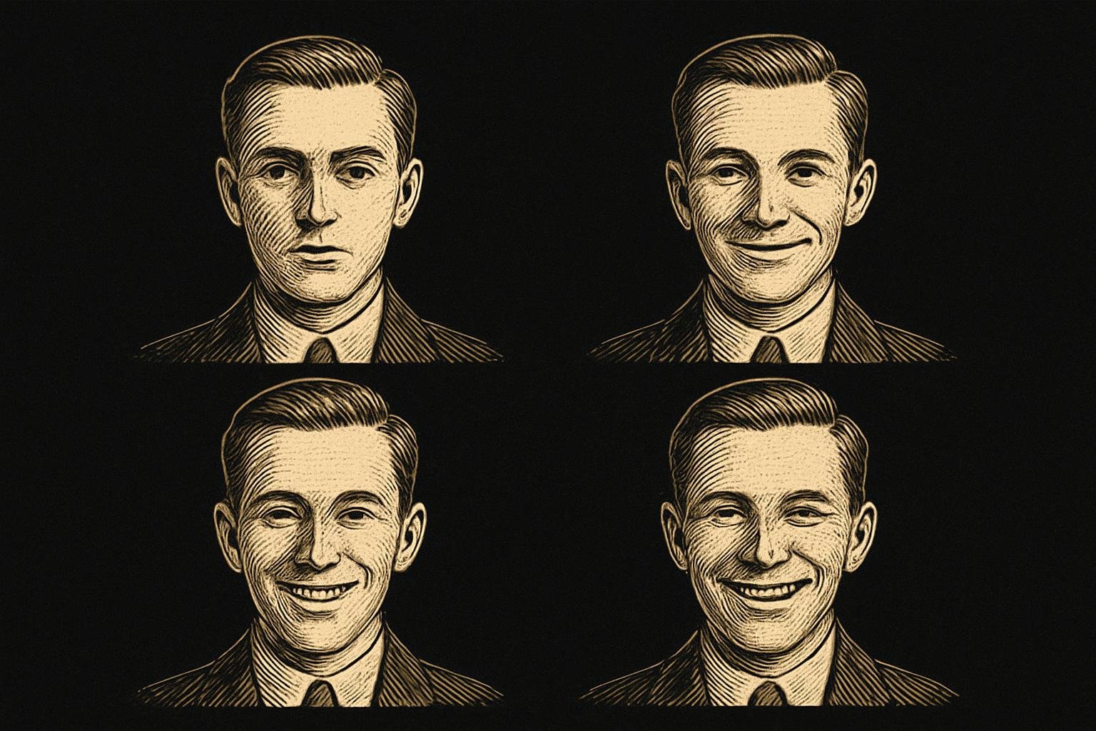 four etched gentleman head-and-shoulder illustrations on a clean plate: one neutral, one closed-mouth smile, one soft open smile showing slight upper teeth, one broad grin with controlled lips and engaged lower lids; minimal shading, vintage barber chart style