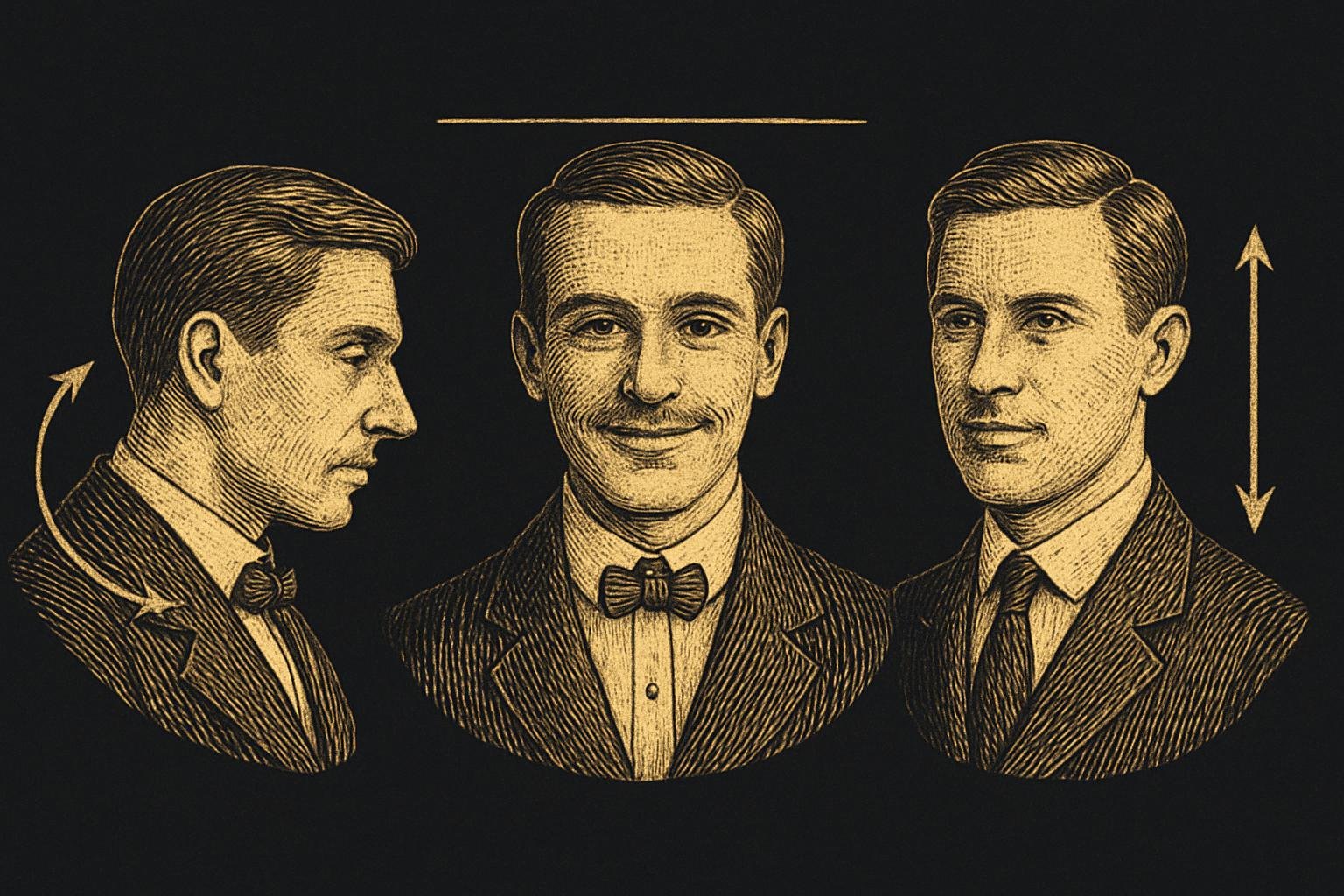 three etched gentleman busts on a plate: one with head turned 15 degrees and chin forward-down, one at eye-level camera with soft open smile, one closed-mouth professional pose with slight tilt; clean diagram-style arrows indicating angle and camera height without text
