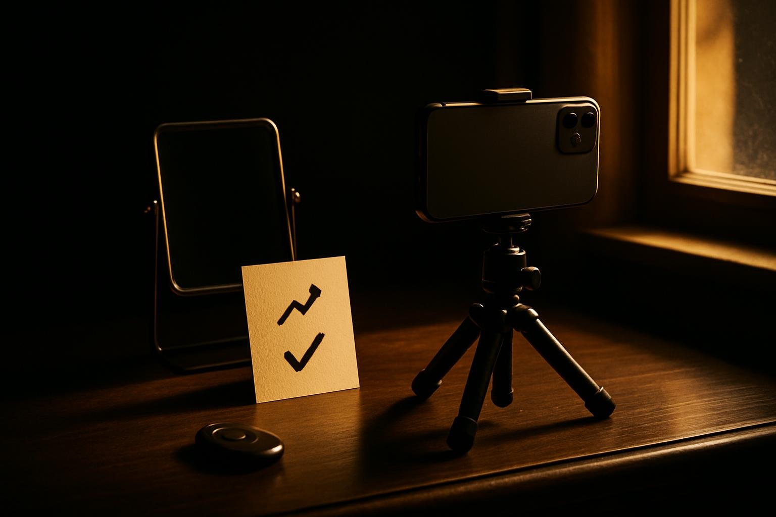 a small mirror, smartphone on a tabletop tripod, remote shutter, a window casting soft daylight across a wooden dresser, with a simple cue card that reads only arrows and checkmarks (no readable text)