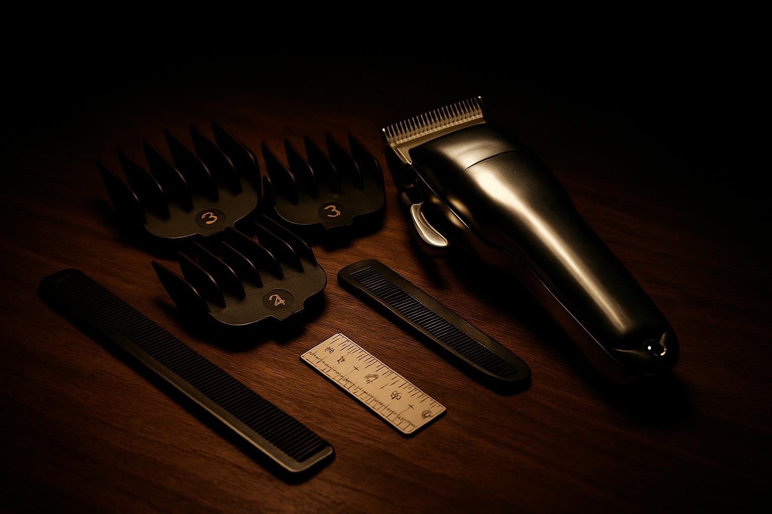 DEFAULT — a steel clipper with numbered guards 1 through 4 fanned beside a black comb and a small ruler on a walnut countertop under soft overhead light