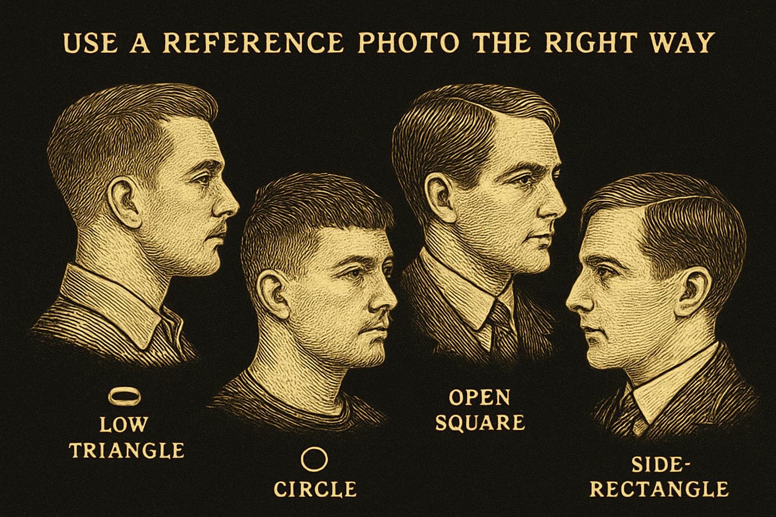 four etched gentleman profiles showing: a low taper with tapered neckline; a mid fade with textured crop; a classic scissor cut with natural neckline; and a side-part with blunt top, each labeled subtly by style shapes only