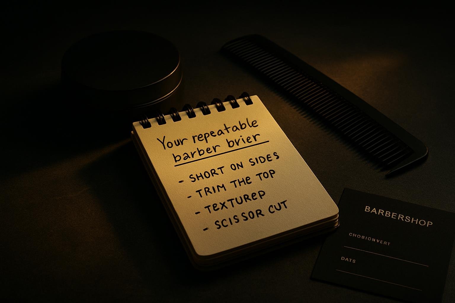 DEFAULT — a small notepad with a handwritten haircut brief beside a matte hair clay tin, a medium-tooth comb, and a barbershop appointment card on a gray stone counter under soft window light