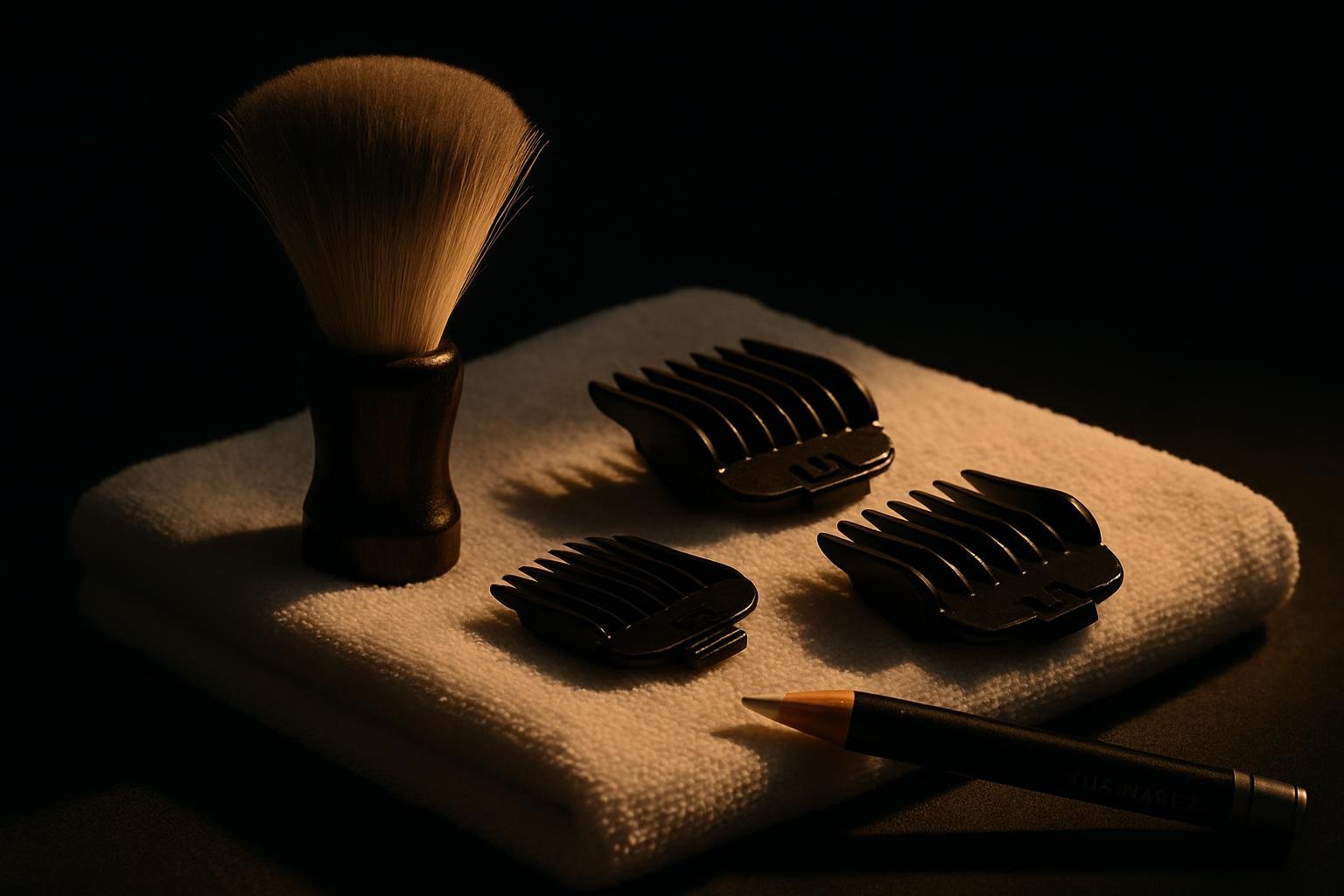 a small barber’s neck brush, two clipper guards of different sizes, and a washable marking pencil laid on a folded white towel under soft morning light