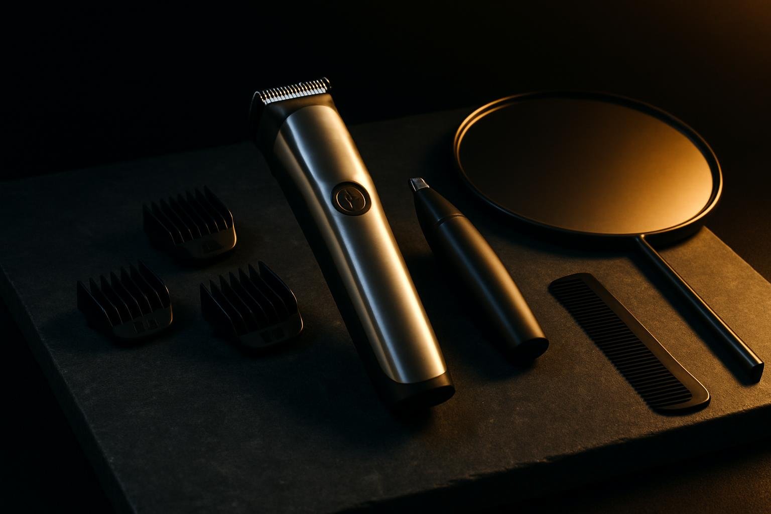 a stainless beard trimmer with snap-on guards, a small detail trimmer, a comb, and a hand mirror arranged on a gray stone counter under cool, even light