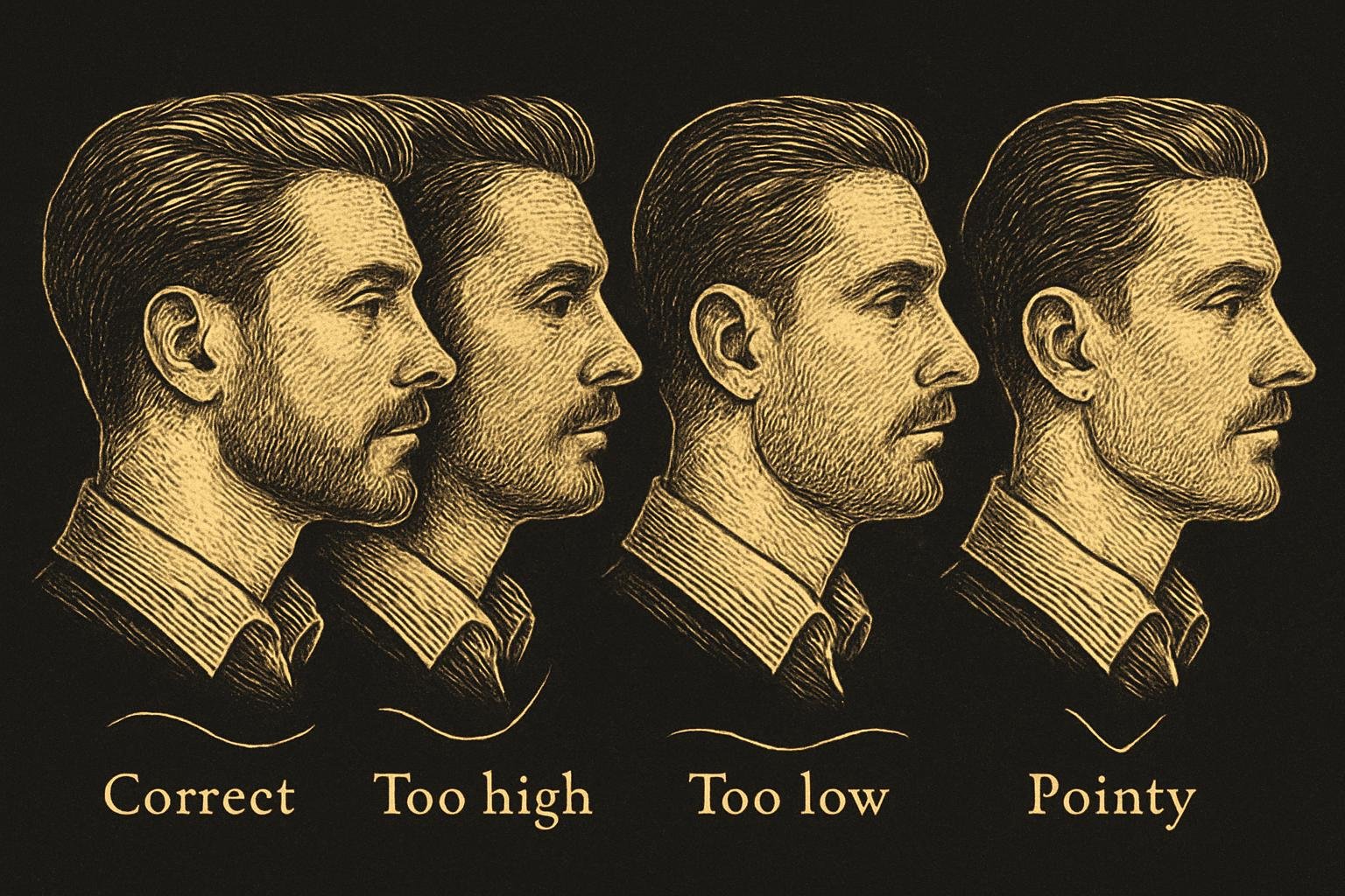 four etched gentleman neck profiles: correct shallow U-line; too-high jaw-hugging line; too-low line near collar; pointy V-center; labeled curves and clean fades