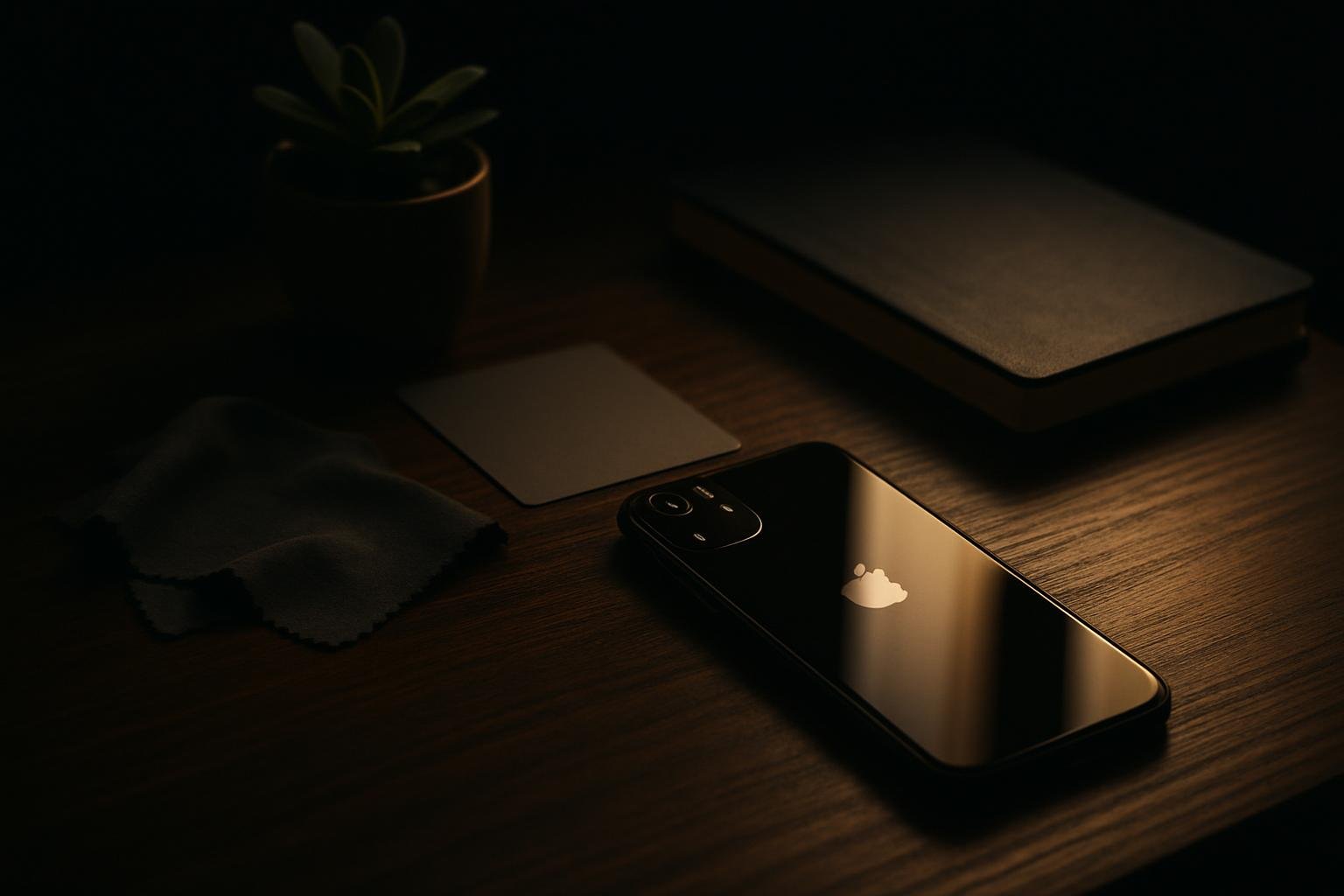 DEFAULT — an iPhone on a wooden desk beside a small plant, with a microfiber cloth, a neutral gray card, and a notebook, lit by soft side light from a nearby window