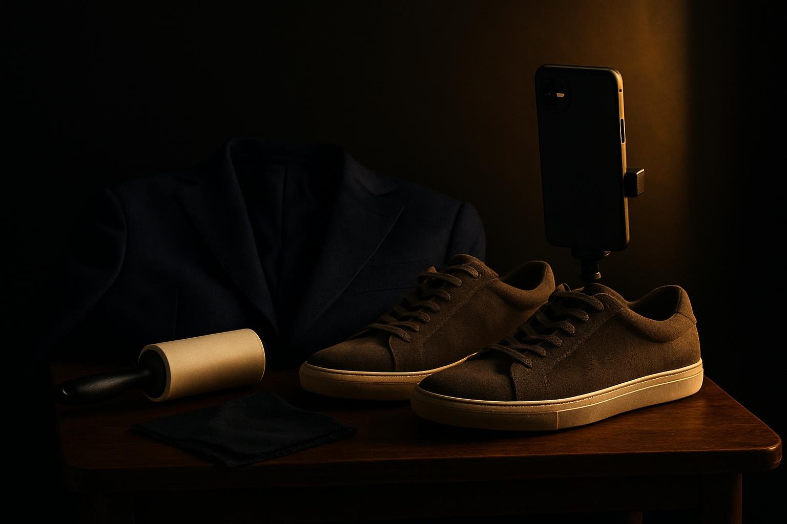 a wooden side table with a folded navy sport coat, suede sneakers, a lint roller, a microfiber cloth, and a phone on a small tabletop tripod under soft window light