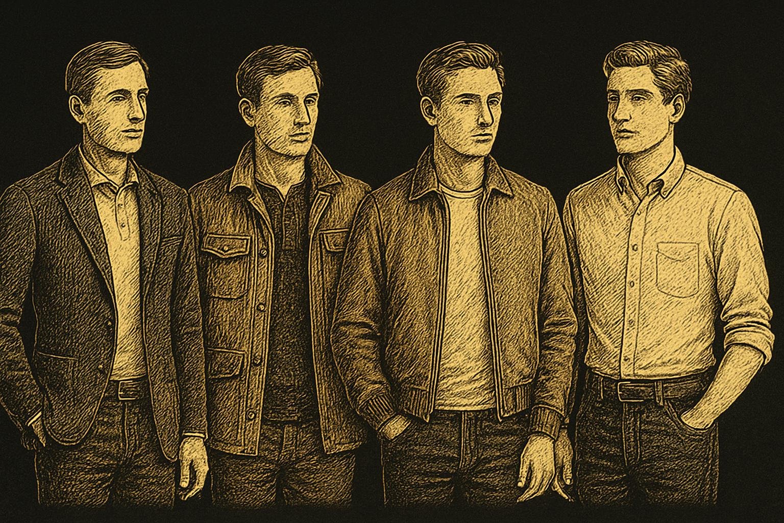 four etched gentleman half-length figures showing outfit silhouettes: 1) unstructured navy sport coat with knit polo, 2) olive field jacket over henley, 3) suede bomber over tee, 4) OCBD with rolled sleeves and dark denim
