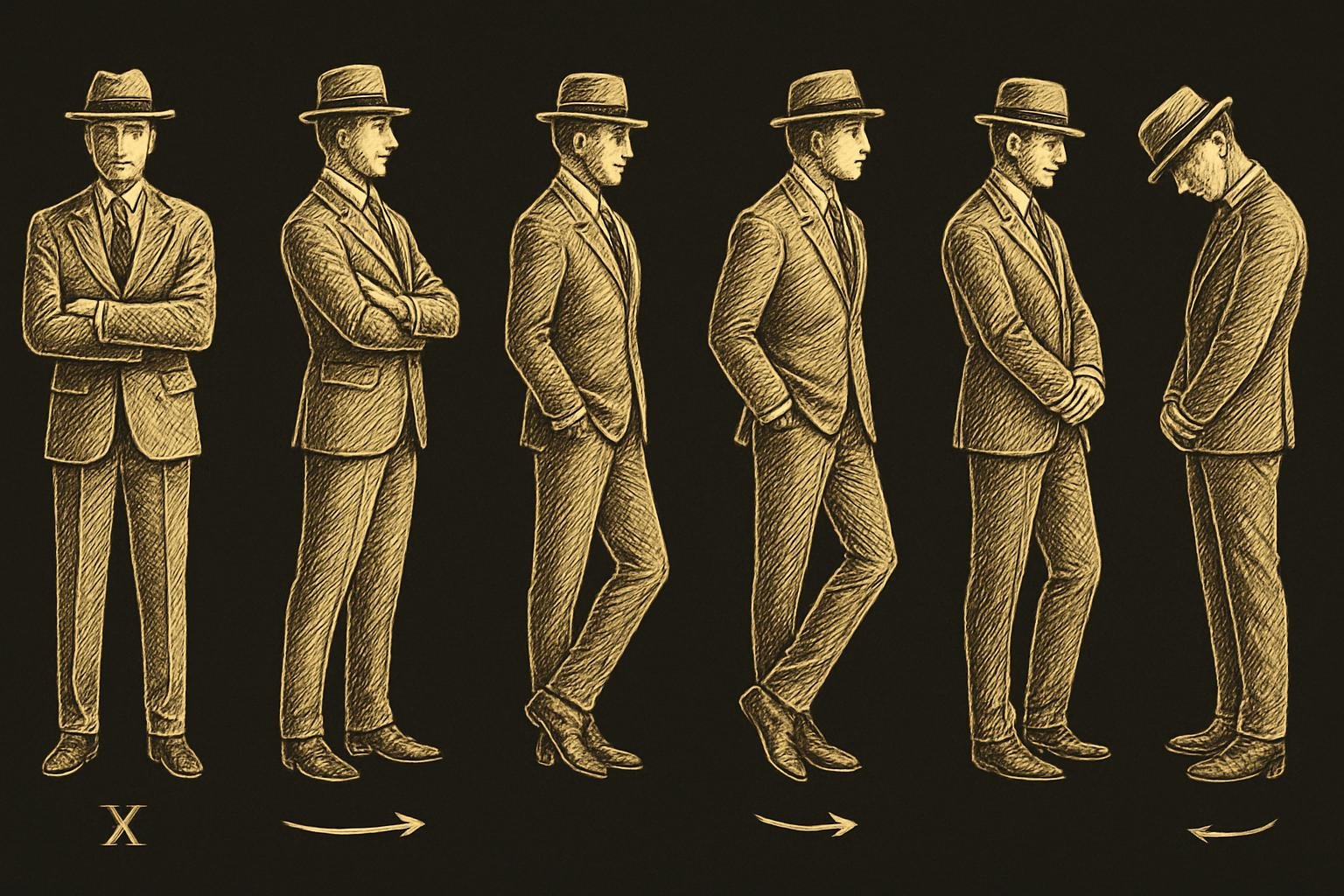 six etched gentleman figures demonstrating the same stance from different angles: square-on (X), 15° turn, 30° turn, weight on rear foot, hip hinge, and chin-down neck elongation cues with subtle arrows
