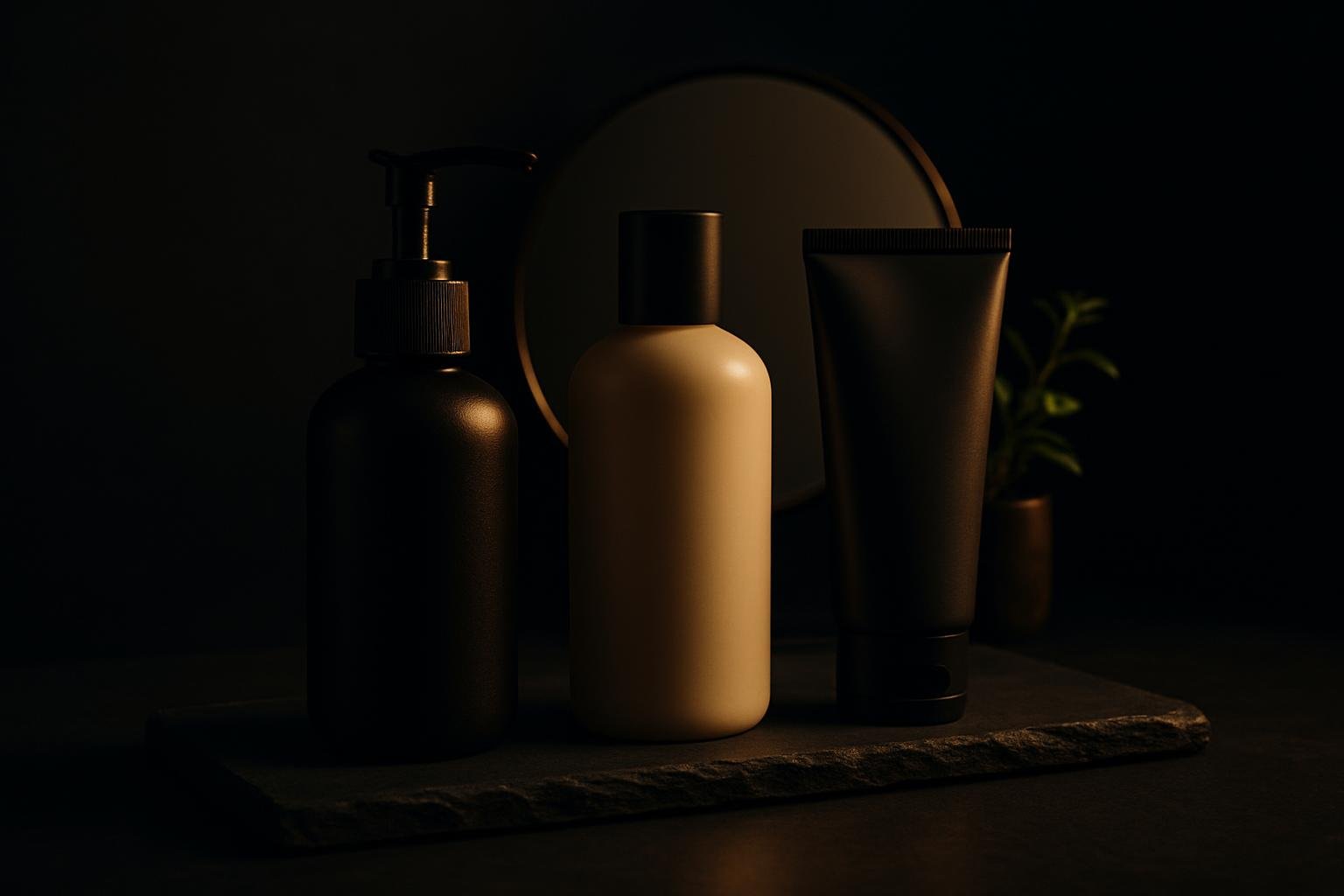three unbranded containers—gel cleanser pump, lotion bottle, and sunscreen tube—lined up on a slate shelf with a mirror and a small plant in soft diffuse light