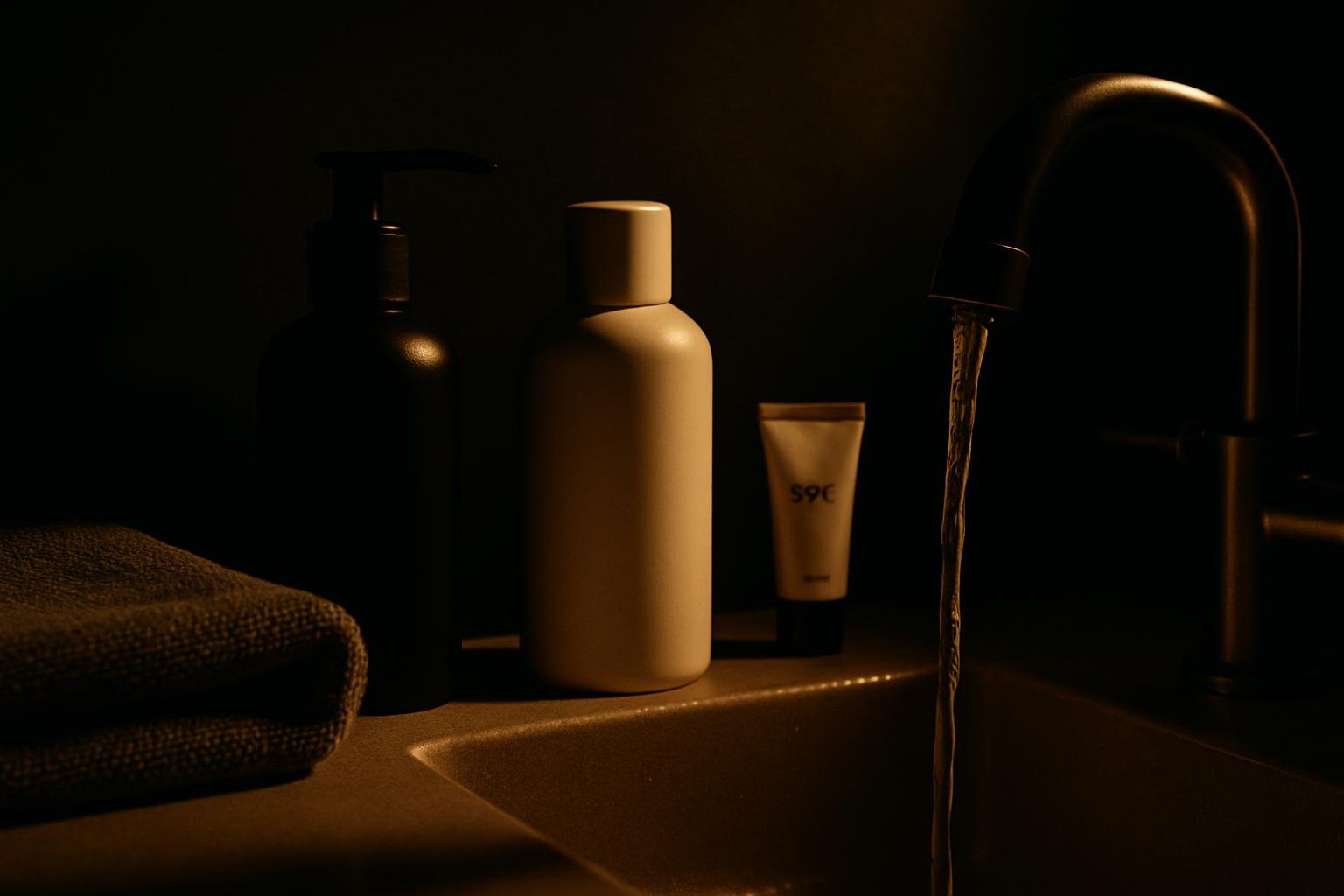 a bathroom counter in morning light with a pump cleanser, a plain white moisturizer bottle, and a small tube labeled spf (blurred), beside a folded towel and running tap